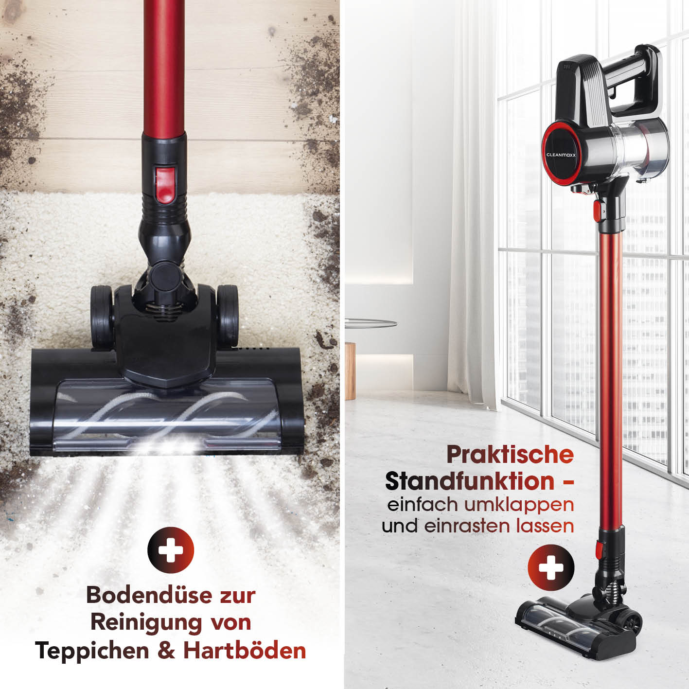 Akku-Zyklon-Staubsauger mit elektr. Bodendüse, kabellos, kraftvoll, mit praktischem Standfuß und Bodendüse für Teppich und Hartboden.
