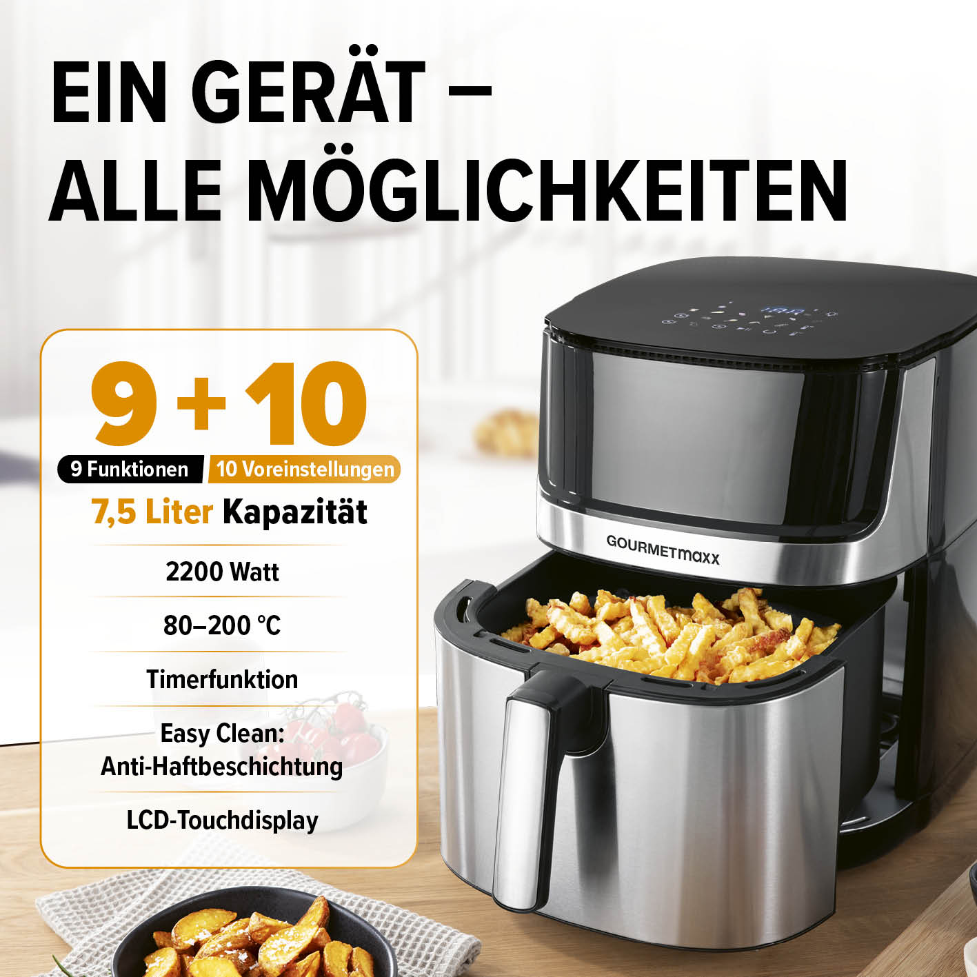 Heißluftfritteuse - 7,5 l mit 9 Funktionen, 10 Programmen, 2200 W, 7,5 Liter Kapazität und LCD-Touchdisplay.