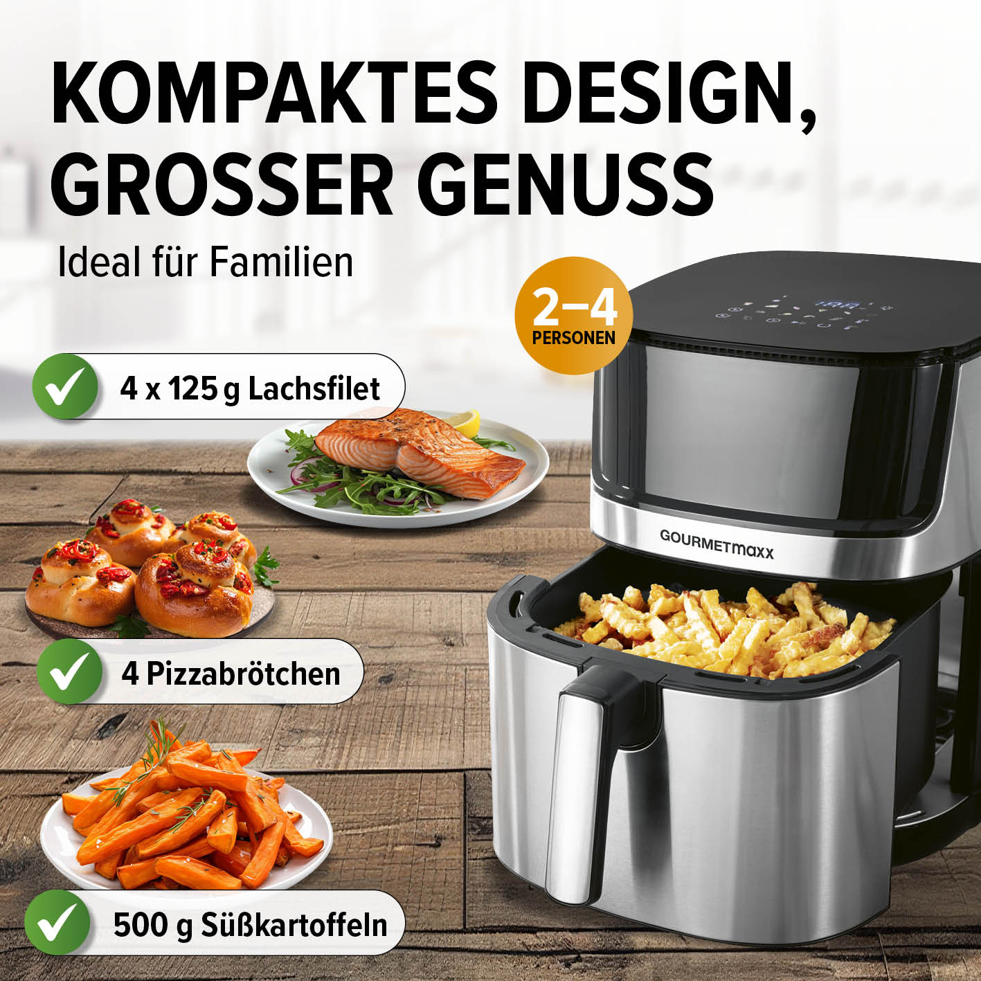 Heißluftfritteuse - 7,5 l Edelstahl, kompakt, ideal für 2-4 Personen, frittiert fettarm Pommes, Lachsfilet und Süßkartoffeln.