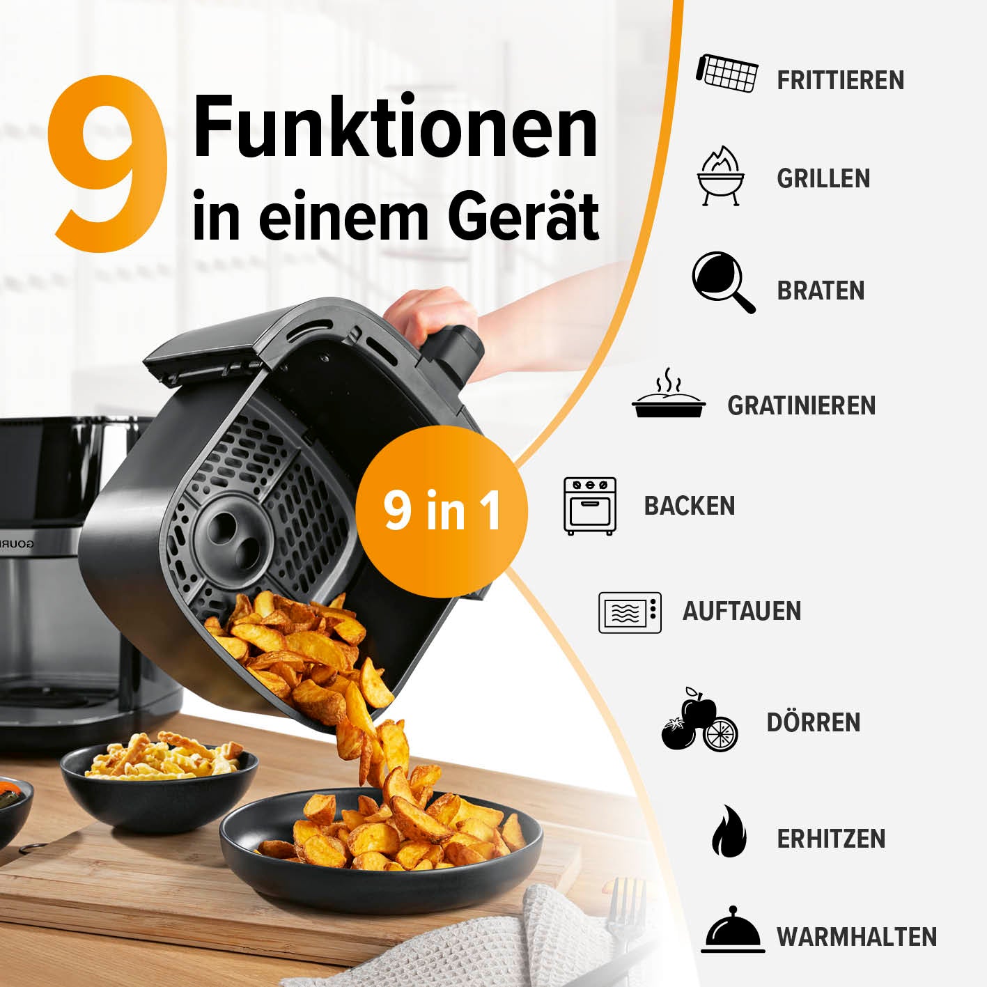 Heißluftfritteuse - 7,5 l mit 9 Funktionen zum Frittieren, Grillen, Braten, Backen und mehr für fettarmes Kochen.