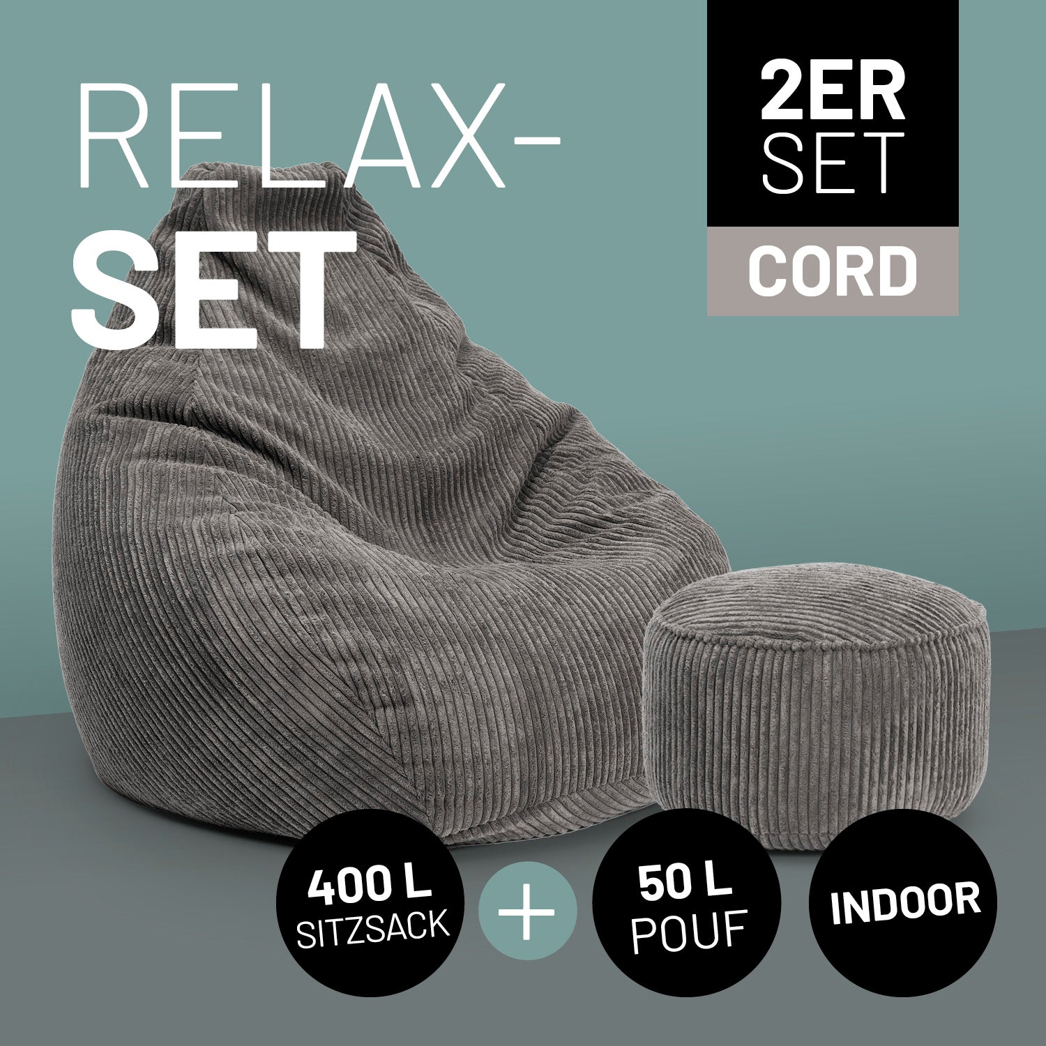 Relax-Set Cord – Sitzsack GIANT + Pouf – 400 + 50 Liter – Grau