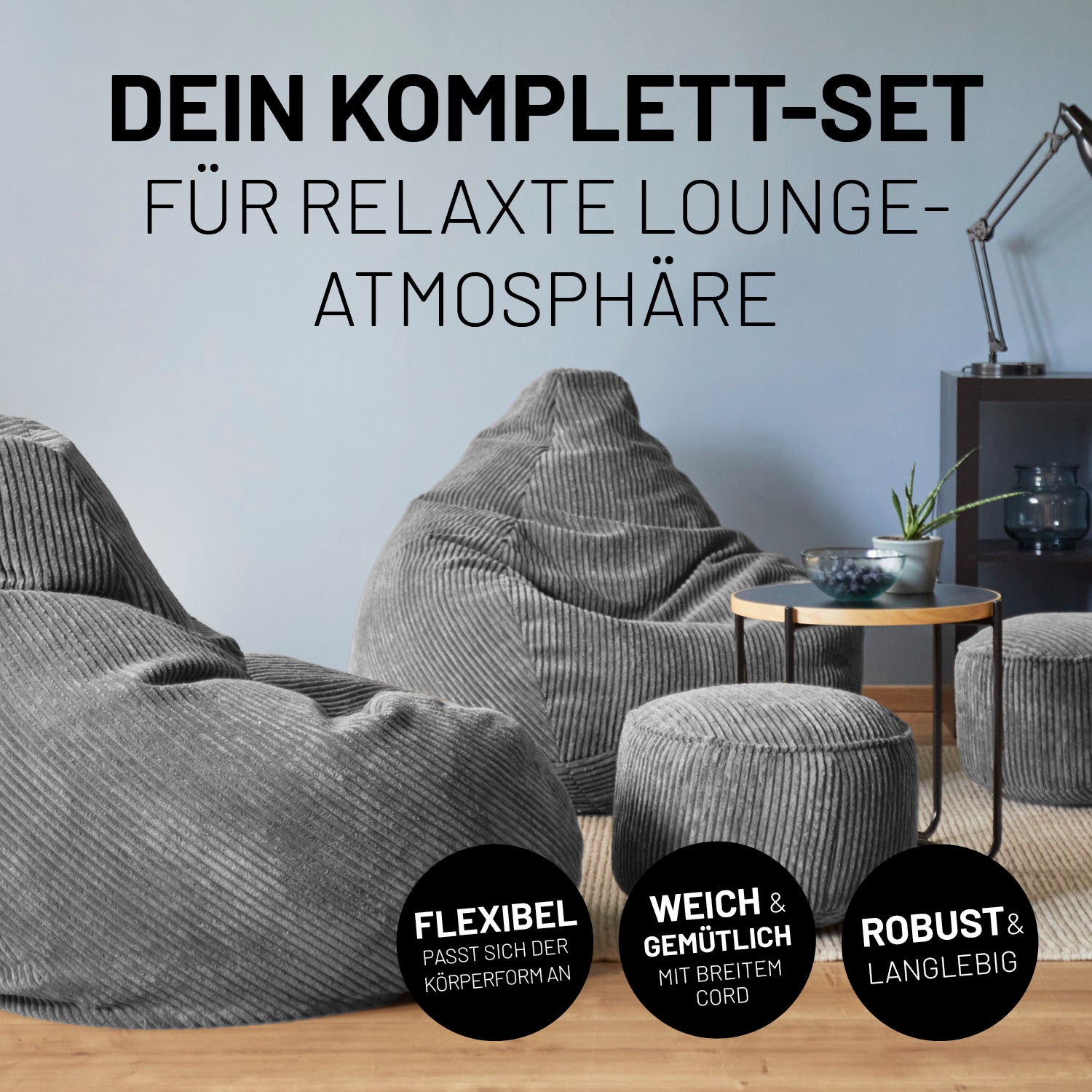 Relax-Set Cord – Sitzsack GIANT + Pouf – 400 + 50 Liter – Grau