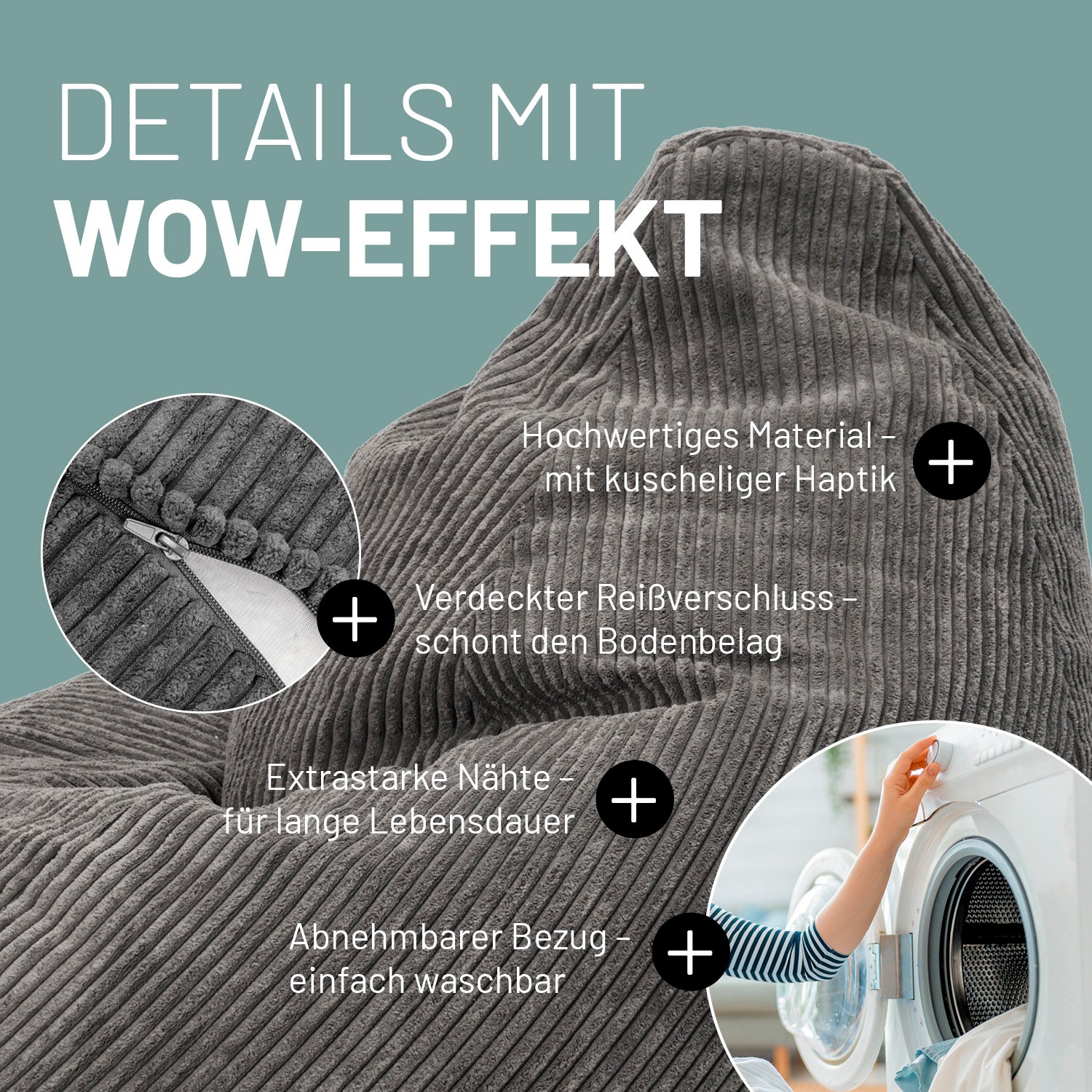 Relax-Set Cord – Sitzsack GIANT + Pouf – 400 + 50 Liter – Grau