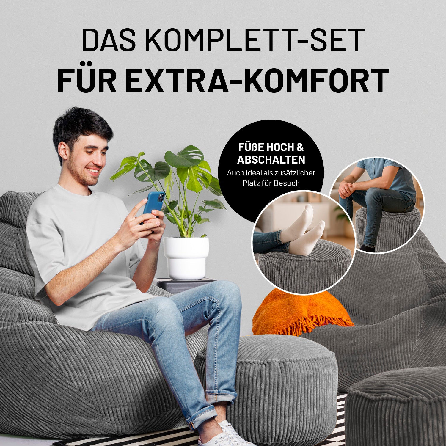 Relax-Set Cord – Sitzsack GIANT + Pouf – 400 + 50 Liter – Grau