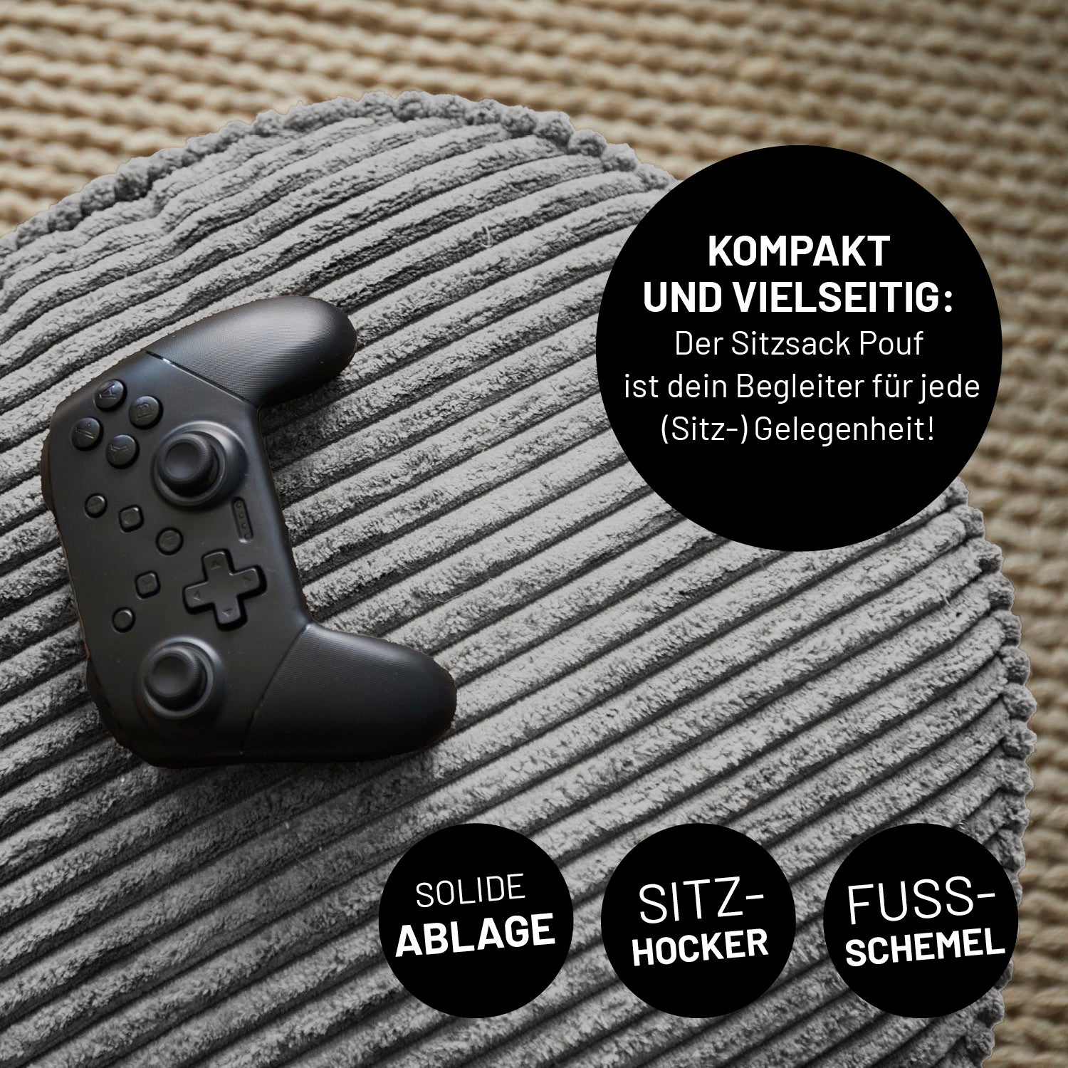 Relax-Set Cord – Sitzsack GIANT + Pouf – 400 + 50 Liter – Grau