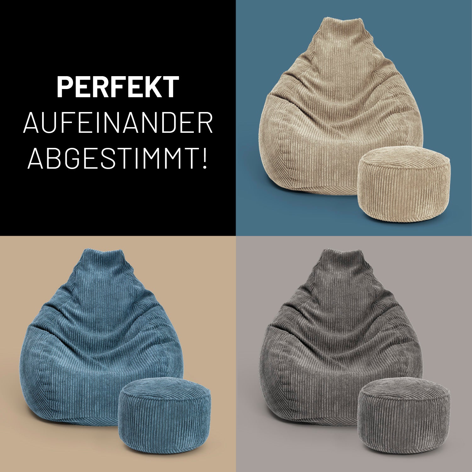Relax-Set Cord – Sitzsack GIANT + Pouf – 400 + 50 Liter – Grau