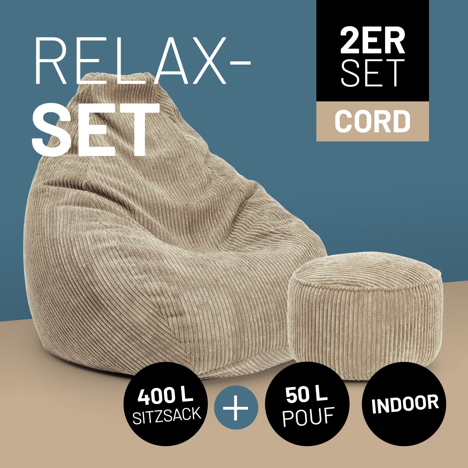 Relax-Set Cord – Sitzsack GIANT (400 L) + Pouf (50 L) - Beige