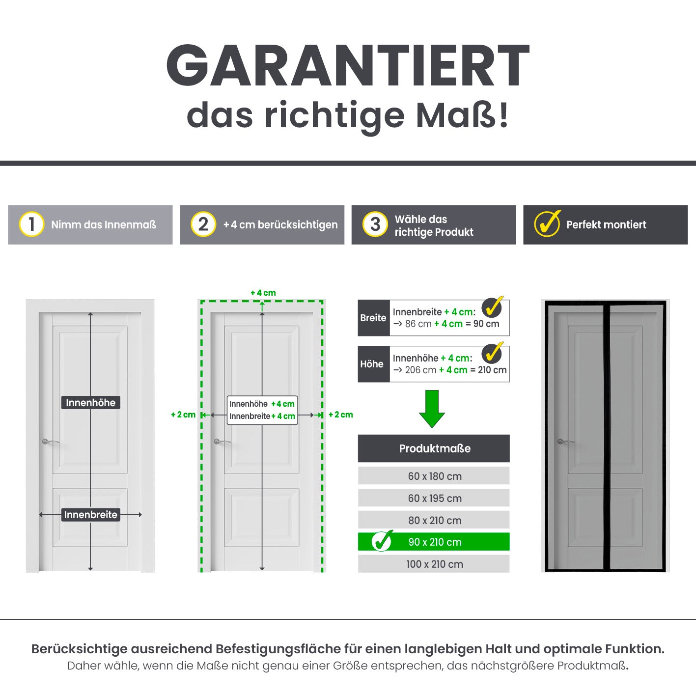 Darstellung zur korrekten Maßnahme und Montage des Insektenschutzvorhangs für Wohnwagen - 60 x 180 cm mit empfohlenem Abstand zum Türrahmen.