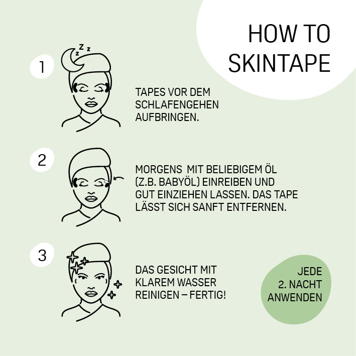 Hyaluron-Skintape "Eye Tape" Anleitung zur Anwendung für glatte Augenpartie und reduzierte Falten durch nächtliches Aufkleben.