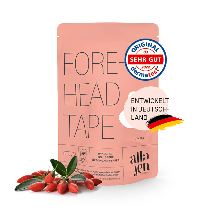 Hyaluron-Skintape "Forehead Tape" von alla/jen, entwickelt in Deutschland, zur glättenden Pflege von Stirnfalten über Nacht.