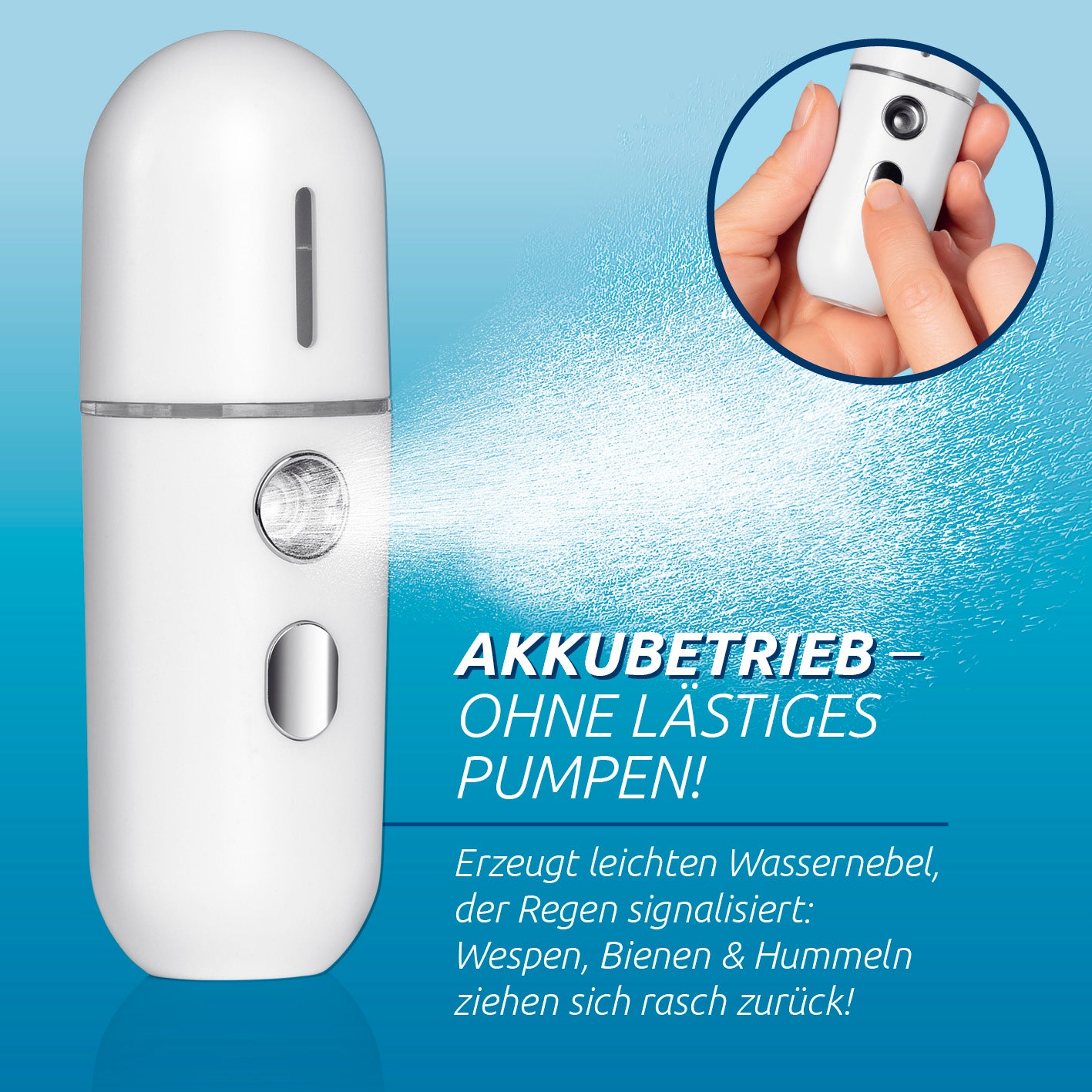 Wespenabwehr-Sprüher mit Akku erzeugt leichten Wassernebel zum schonenden Vertreiben von Wespen, Bienen und Hummeln.