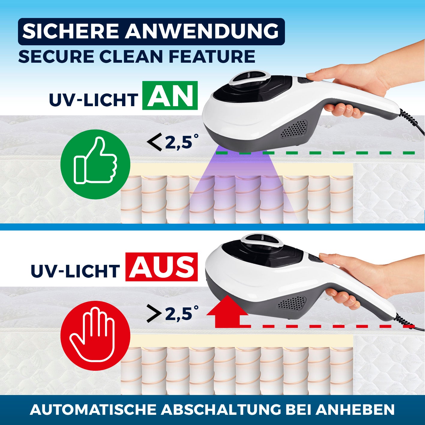 Milbensauger Vibration mit UV-C-Licht, automatische Abschaltung bei Anheben für sichere Milbenentfernung auf Textilien.