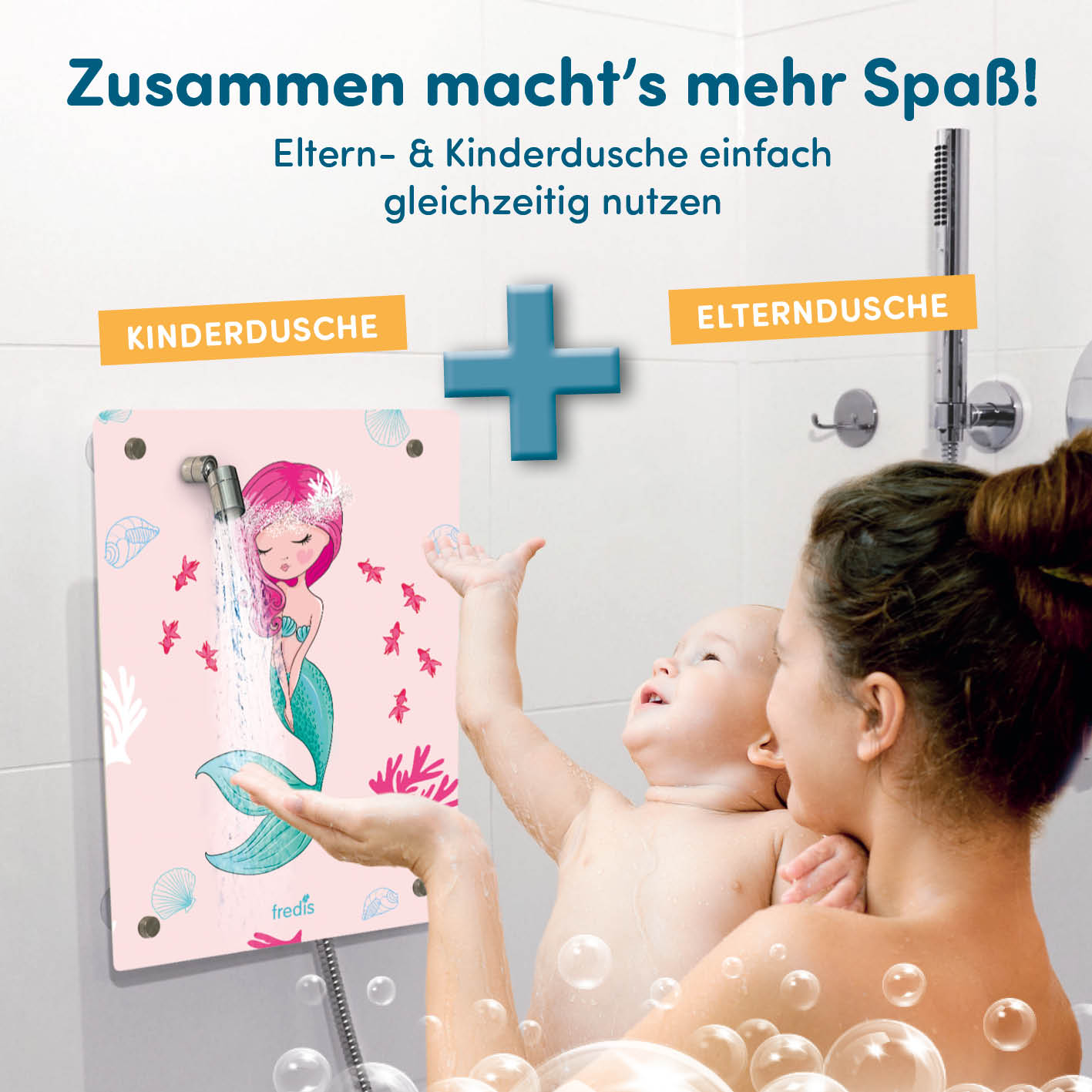 Kinderdusche Meerjungfrau mit Saugnäpfen, zeigt spielerisches Duschen für Kinder, einfache Montage ohne Bohren, mit Umschaltventil für Eltern- und Kinderdusche.