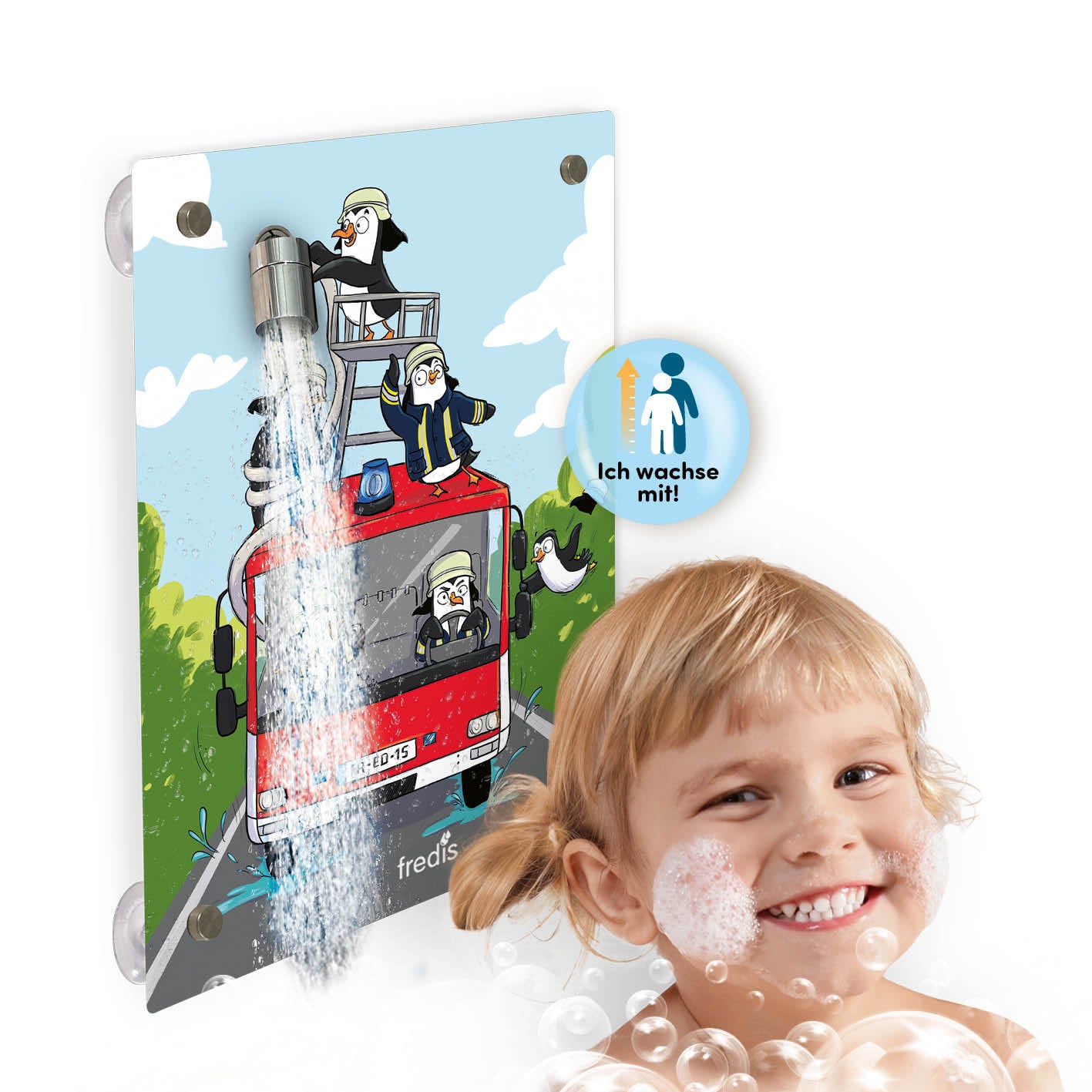 Kinderdusche Feuerwehr mit buntem Feuerwehr-Motiv, verstellbar für Kinder, einfache Installation ohne Bohren, für selbstständiges Duschen.
