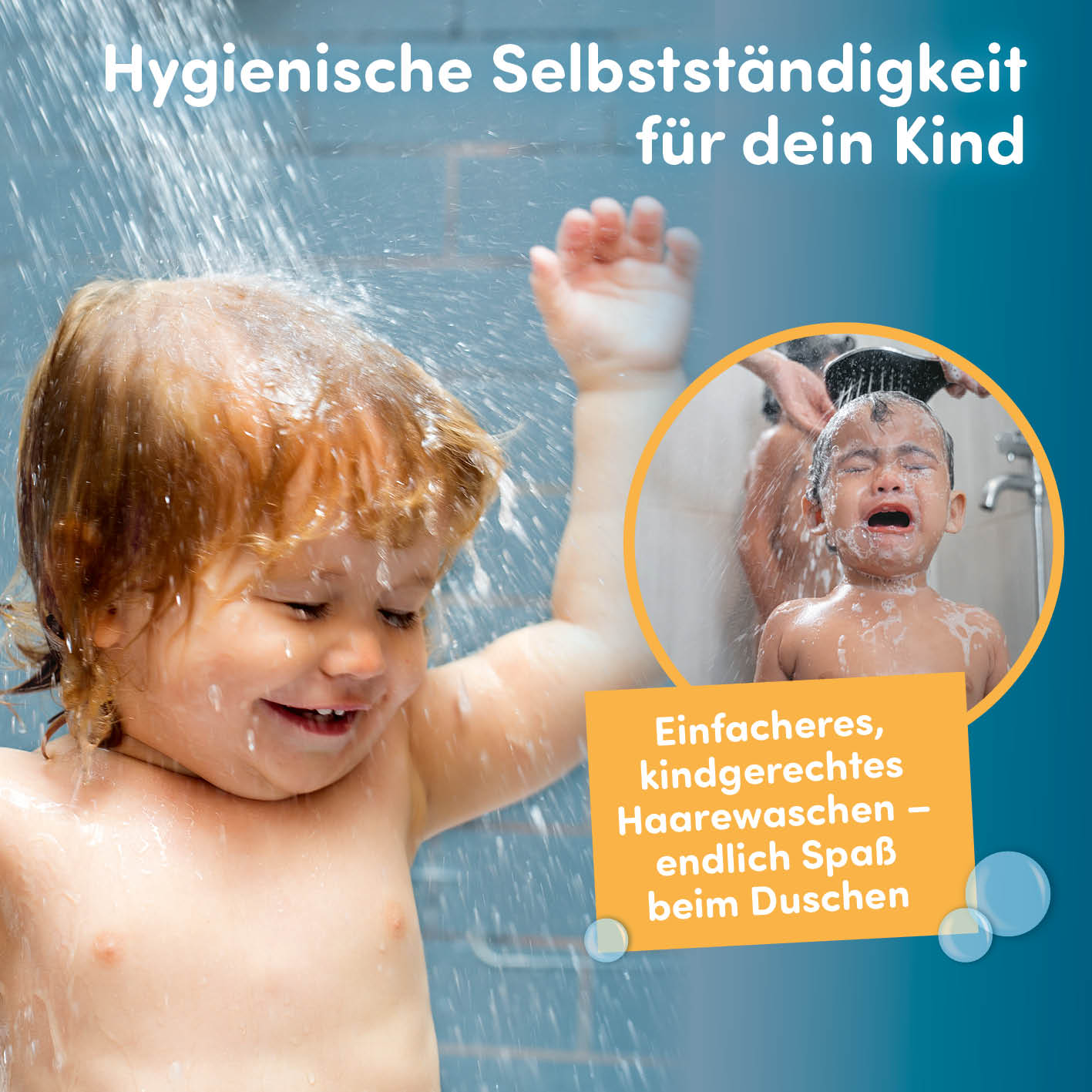 Kinderdusche Wal erleichtert kindgerechtes Duschen und Haarwaschen für selbstständige, glückliche Kinder ohne Tränen.
