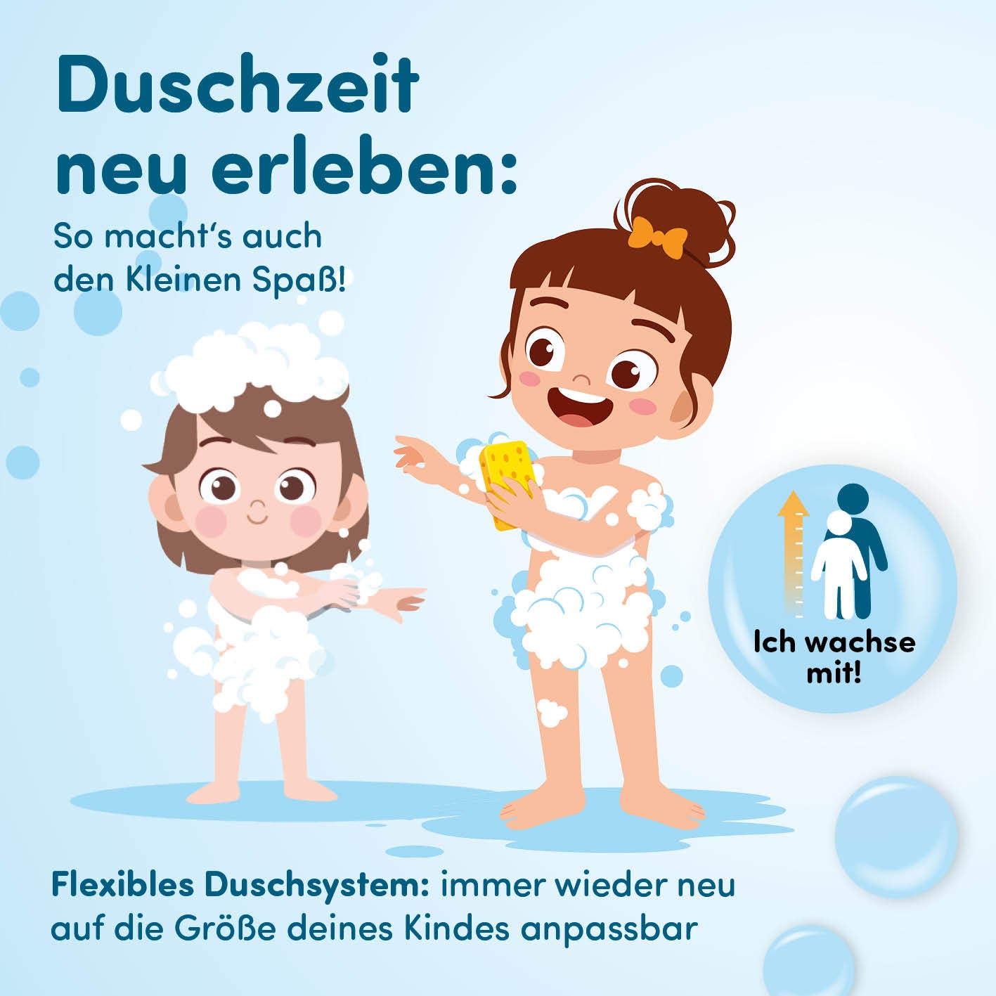 Kinderdusche Wal mit flexiblem Duschsystem für Kinder, einfach anzupassen und spielerisch Duschen lernen.