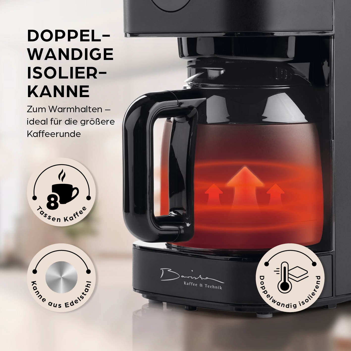 Filterkaffeemaschine Touch Iso - Schwarz mit doppelwandiger Isolierkanne, Edelstahl und 8 Tassen Fassungsvermögen.