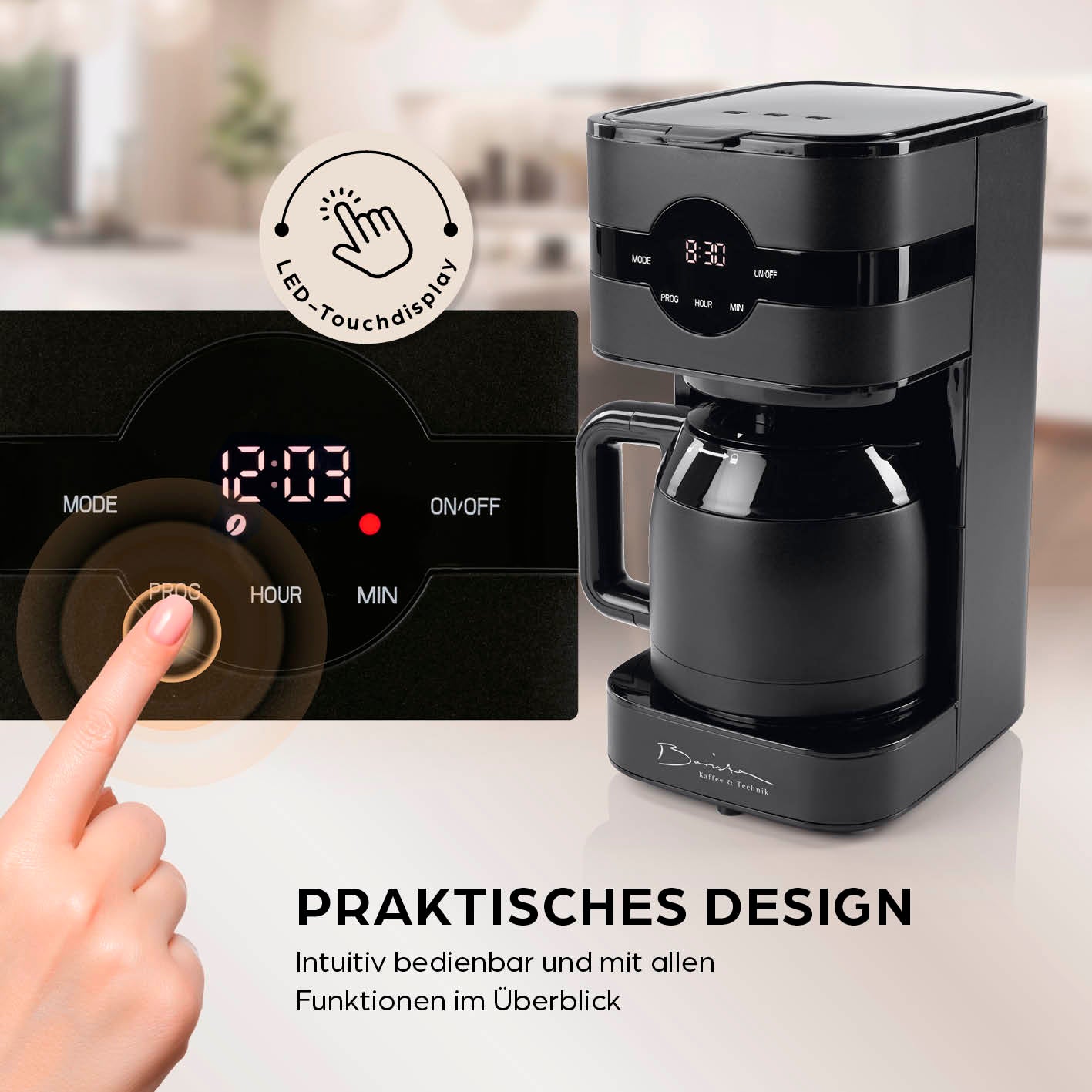 Filterkaffeemaschine Touch Iso - Schwarz mit LED-Touchdisplay, Timerfunktion und doppelwandiger Edelstahl-Isolierkanne.