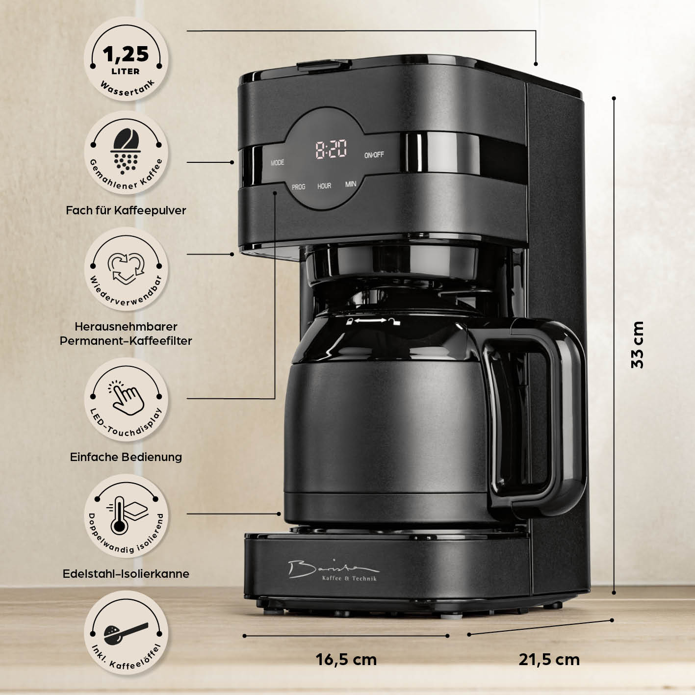 Filterkaffeemaschine Touch Iso - Schwarz mit Timer, LED-Touchdisplay, Edelstahl-Isolierkanne und permanentem Kaffeefilter.