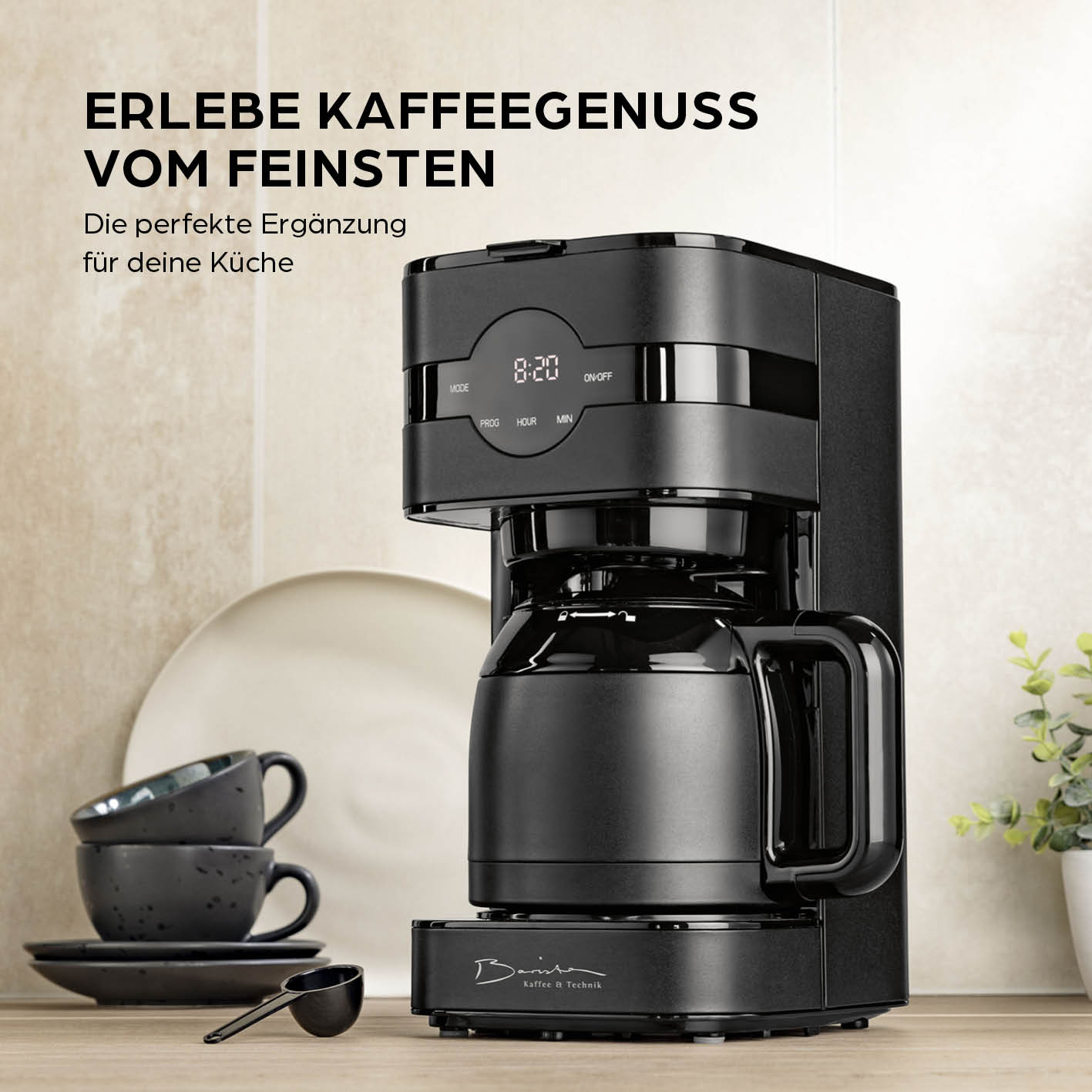 Filterkaffeemaschine Touch Iso - Schwarz mit Timerfunktion, LED-Touchdisplay und doppelwandiger Edelstahl-Isolierkanne.