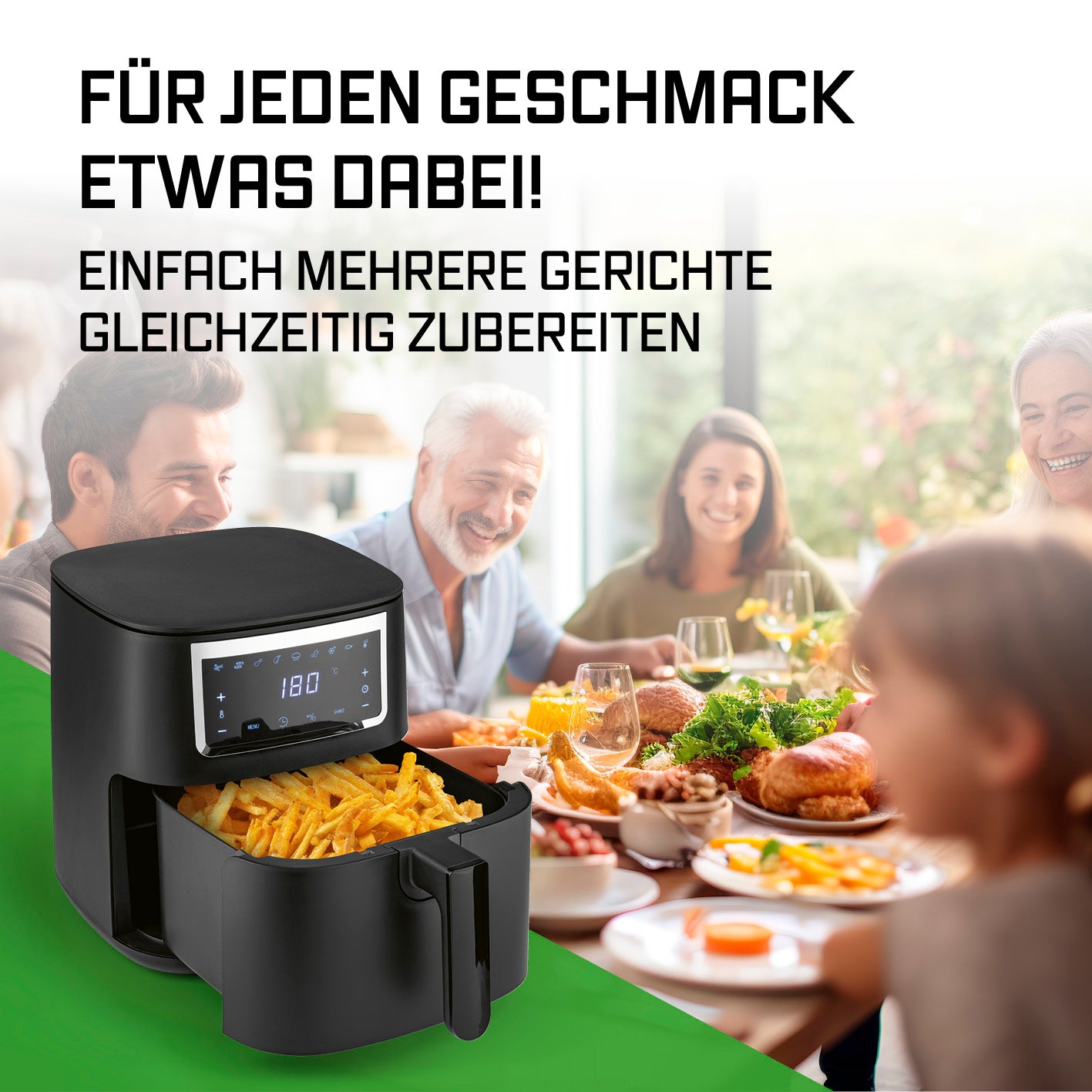 Heißluftfritteuse - 6,5 l mit Touchscreen bereitet knusprige Pommes und mehrere Gerichte gleichzeitig fettarm zu.