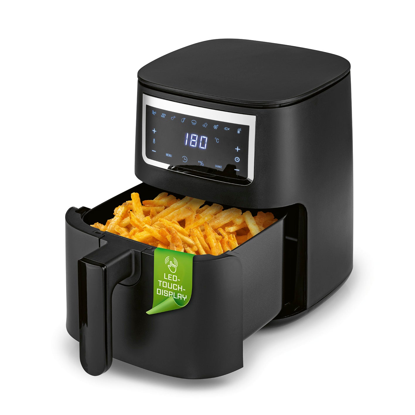 Heißluftfritteuse - 4 l mit Touchscreen, 1300 Watt, LED-Display und 4-Liter-Korb für fettarmes Frittieren von Pommes.