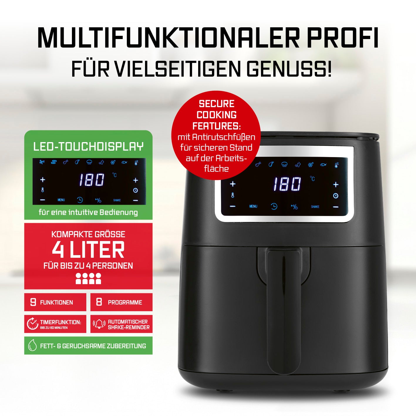 Heißluftfritteuse - 4 l mit LED-Touchscreen, 9 Funktionen, 8 Programmen, Timer und Antirutschfüßen für fettarmes Frittieren.