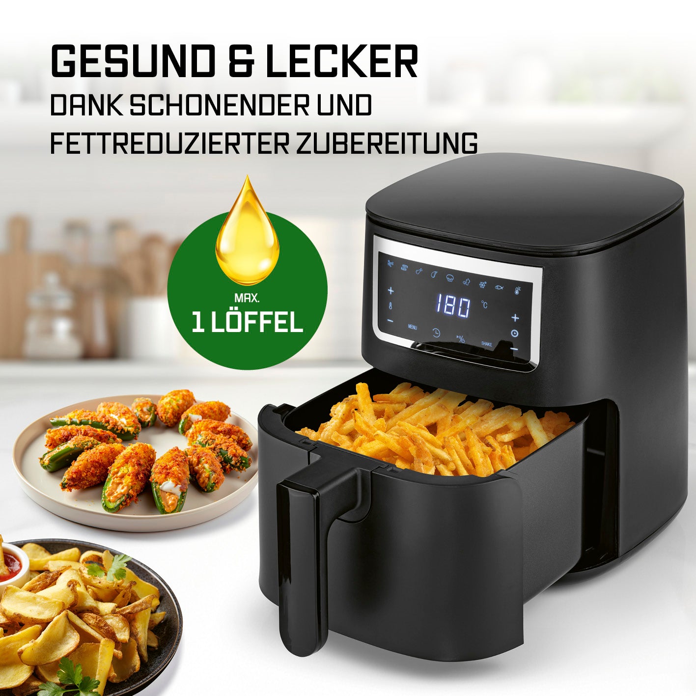 Heißluftfritteuse - 4 l mit 1300 Watt, Touchscreen und fettarmer Zubereitung für knusprige Pommes und Snacks.