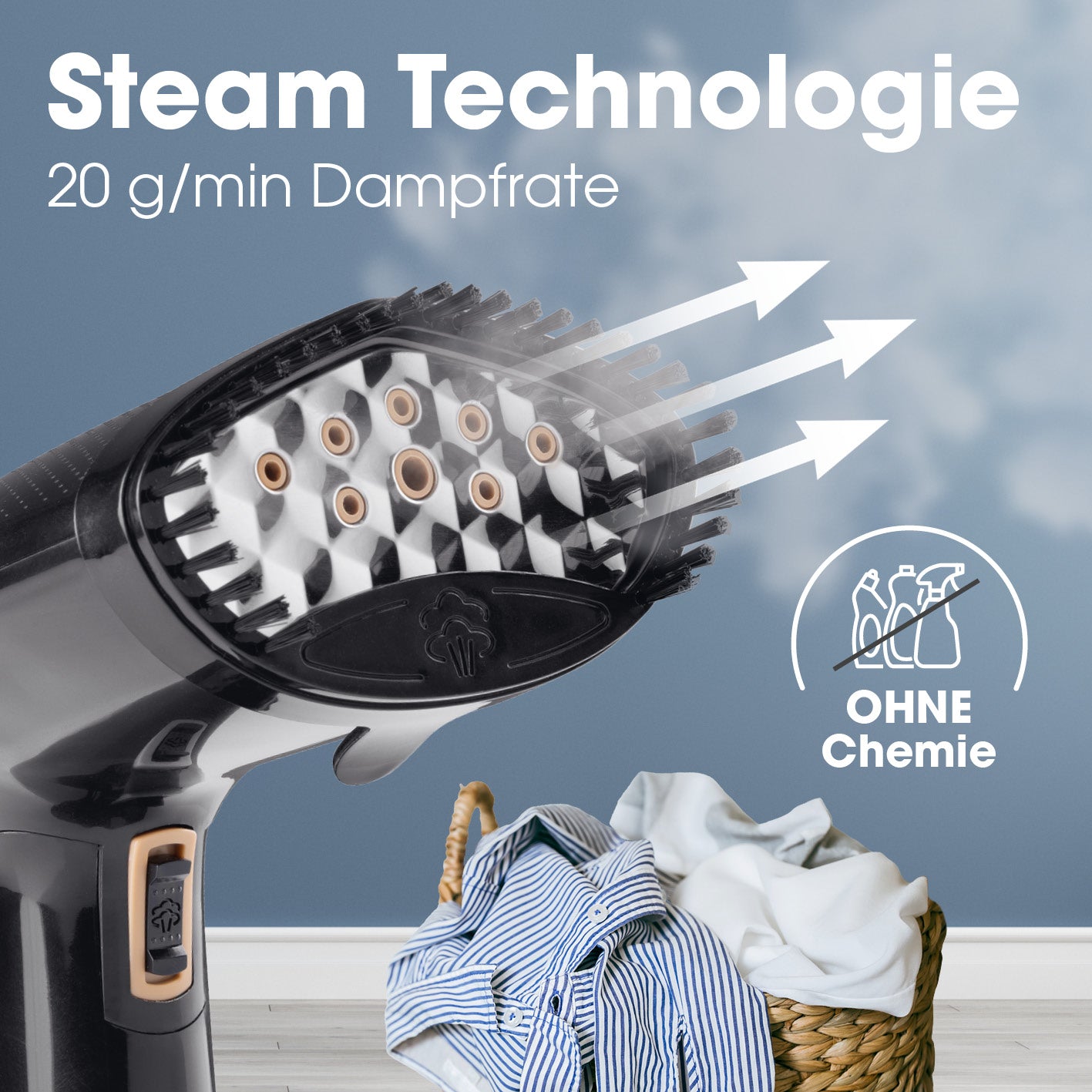 Dampfbürste mit 1600 Watt Leistung und 20 g/min Dampf, ideal für schonendes Glätten ohne Chemie zu Hause und unterwegs.