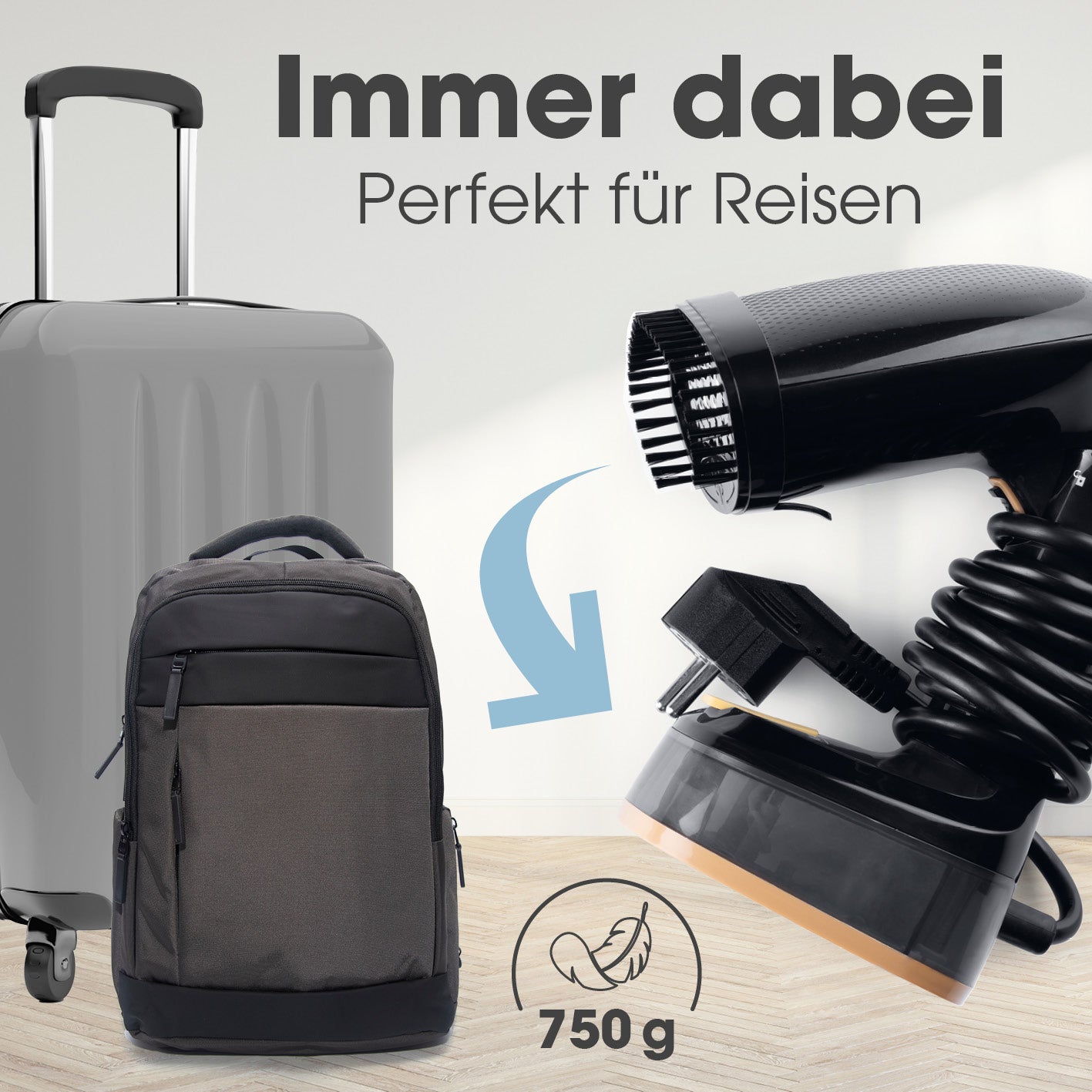 Dampfbürste kompakt und faltbar, ideal für Reisen, leichtes Gewicht 750 g, sorgt schnell für glatte Kleidung unterwegs.