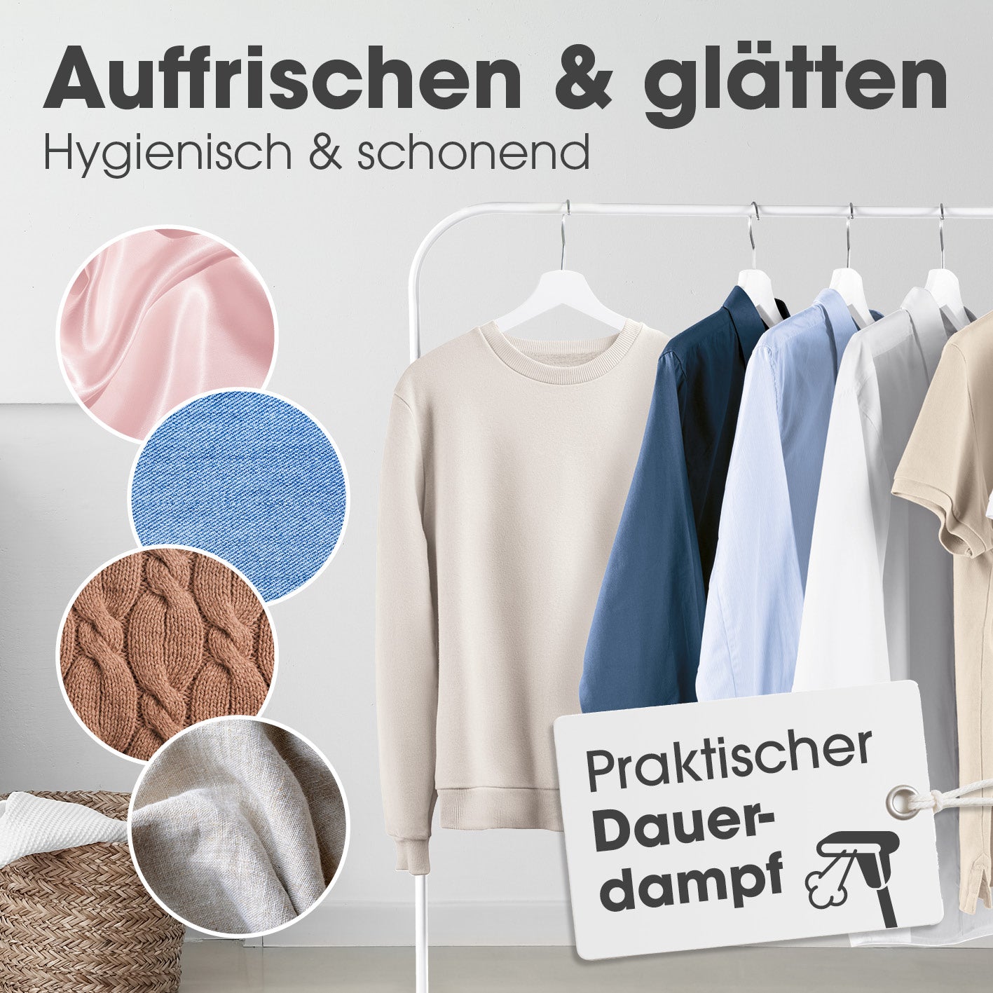 Dampfbürste glättet und frischt Kleidung hygienisch und schonend für verschiedene Stoffe mit praktischem Dauerdampf.