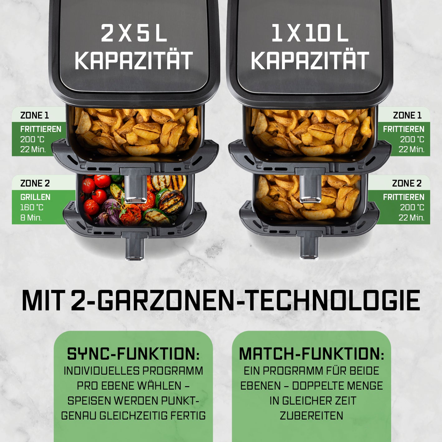 FryUp Vertikale Doppelkammer-Heißluftfritteuse 2x 5 L mit 2 Garzonen-Technologie und 10 L Kapazität für effizientes Kochen.