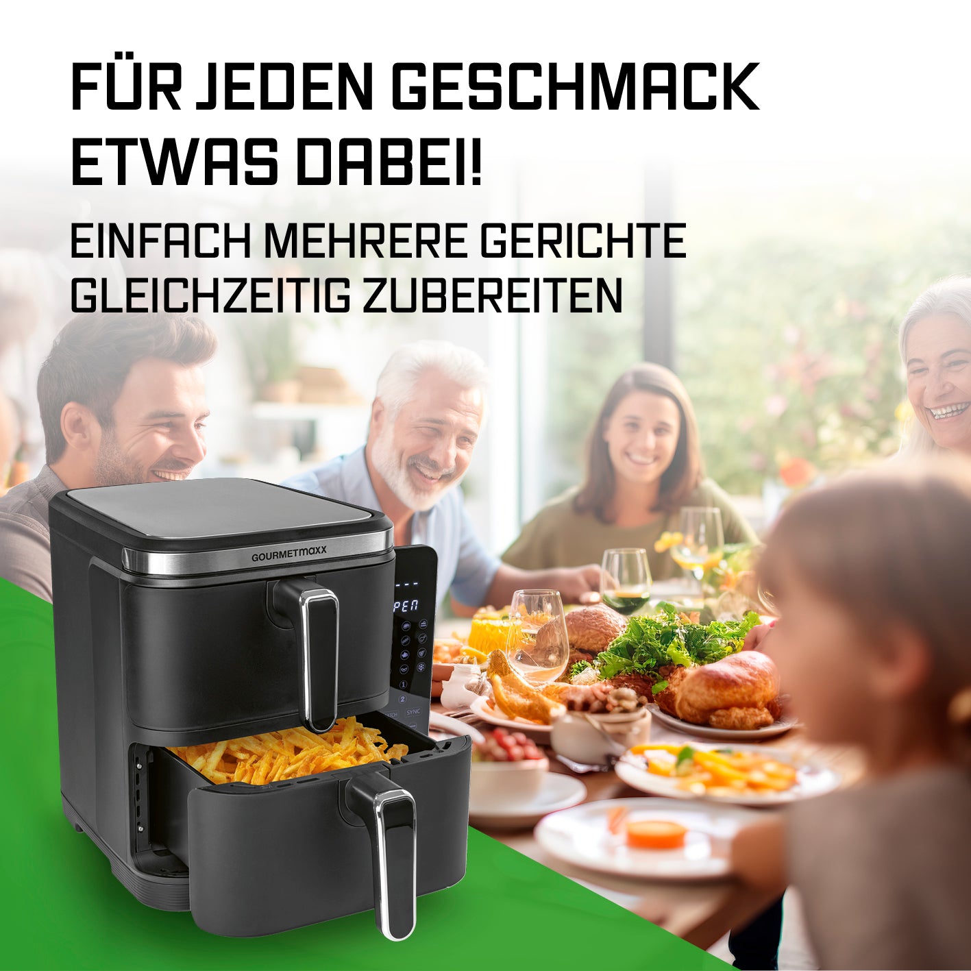 FryUp Vertikale Doppelkammer-Heißluftfritteuse 2x 5 L mit 2 Kammern für gleichzeitiges Garen mehrerer Gerichte.