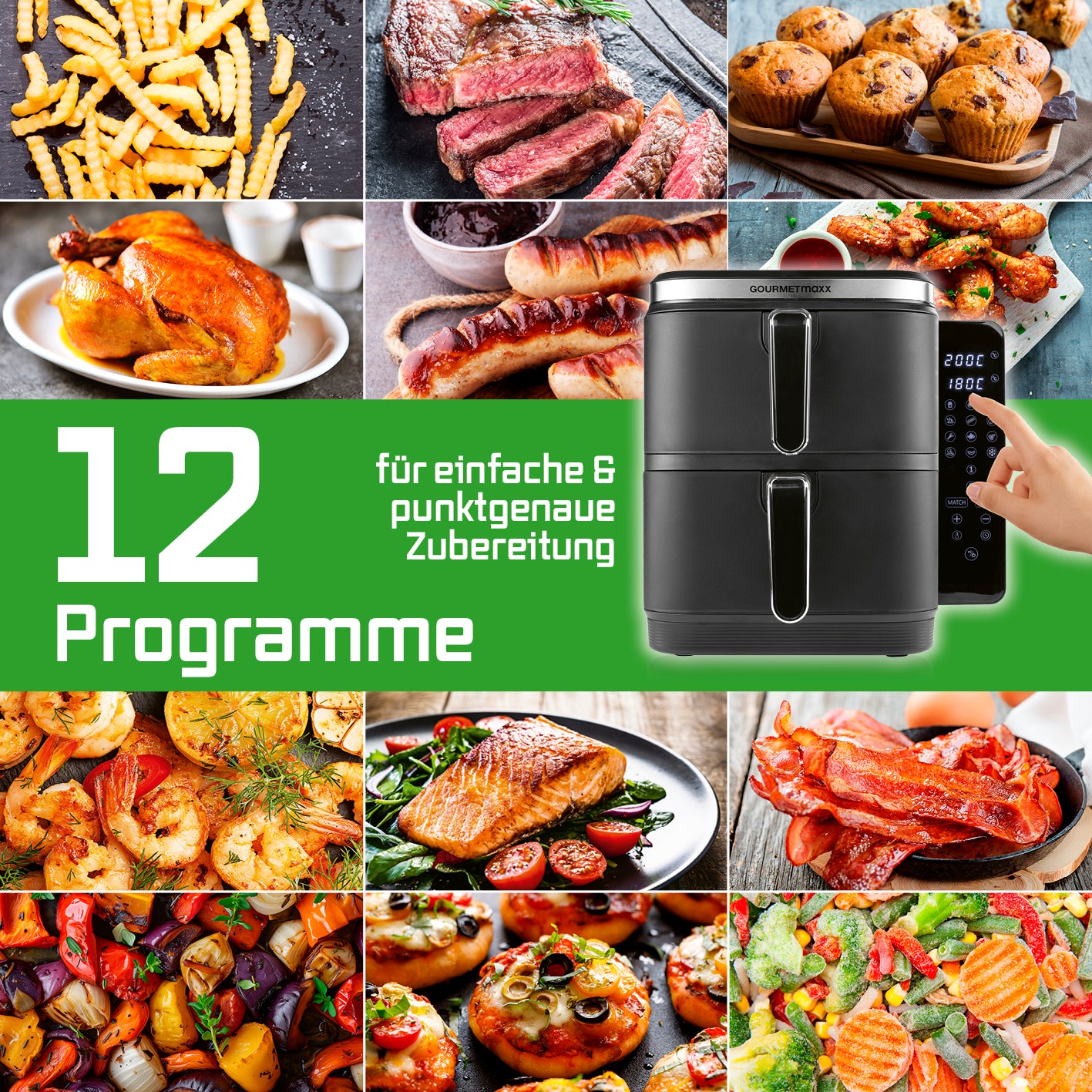 FryUp Vertikale Doppelkammer-Heißluftfritteuse 2x 5 L mit 12 Programmen für vielseitiges, pointgenaues Garen auf zwei Ebenen.