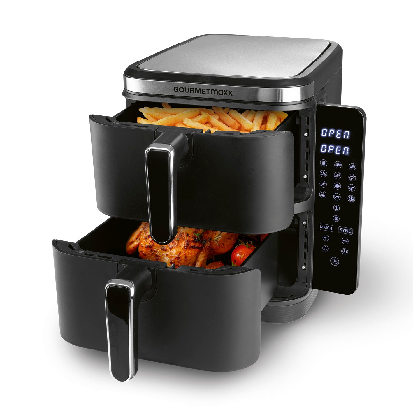 FryUp Vertikale Doppelkammer-Heißluftfritteuse 2x 5 L mit zwei Ebenen, digitalem Display und Platz für bis zu 8 Personen.