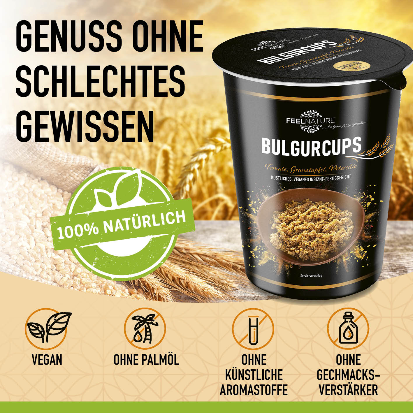 Bulgurcups - Kisir mit Tomate, Granatapfel & Petersilie, vegan, palmölfrei, ohne künstliche Aromen und Geschmacksverstärker.