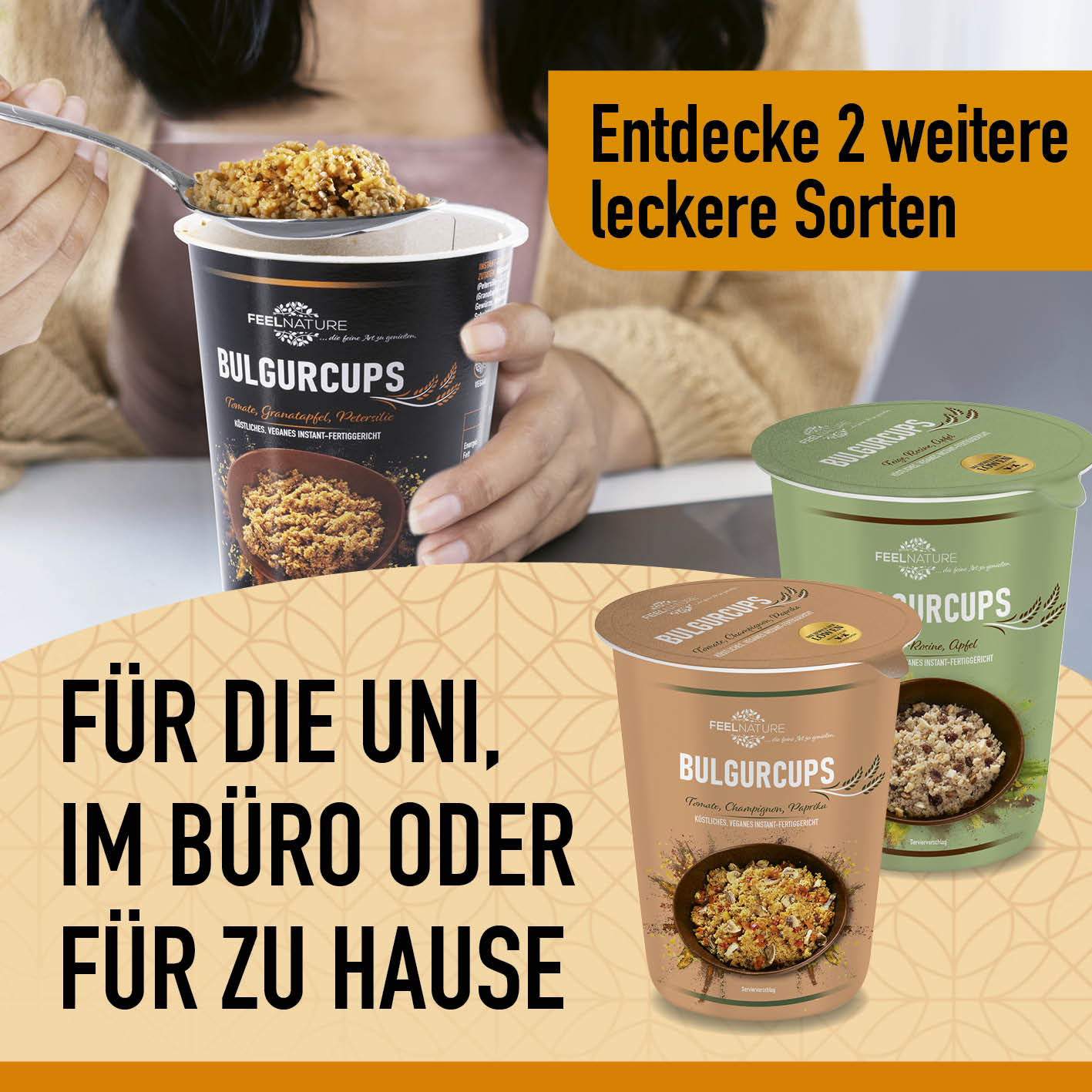 Bulgurcups - Kisir mit Tomate, Granatapfel & Petersilie, vegan, schnelle 5-Minuten-Mahlzeit für Uni, Büro oder Zuhause.