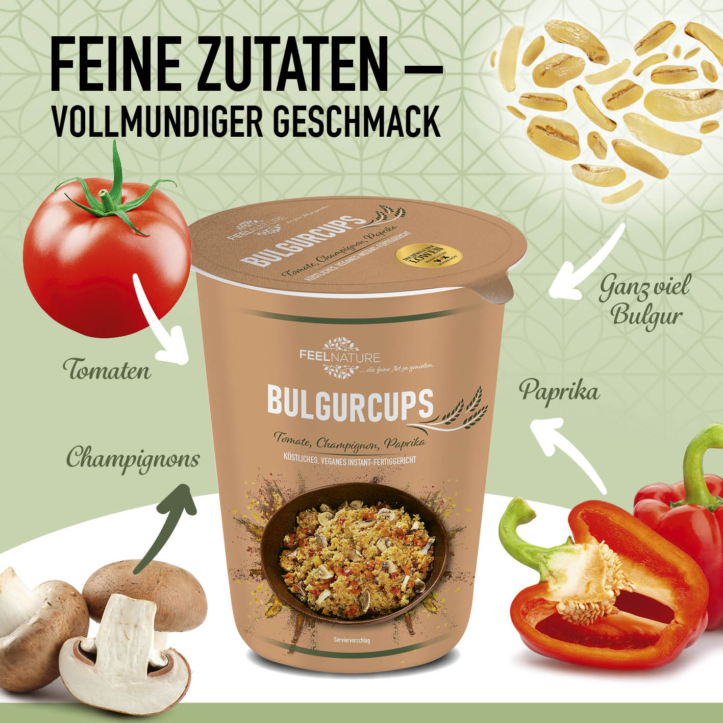 Bulgurcups - 6x Vegetables mit Tomate, Champignon und Paprika – vegan, nussig, schnell zubereitet und mit viel Bulgur für vollen Geschmack.