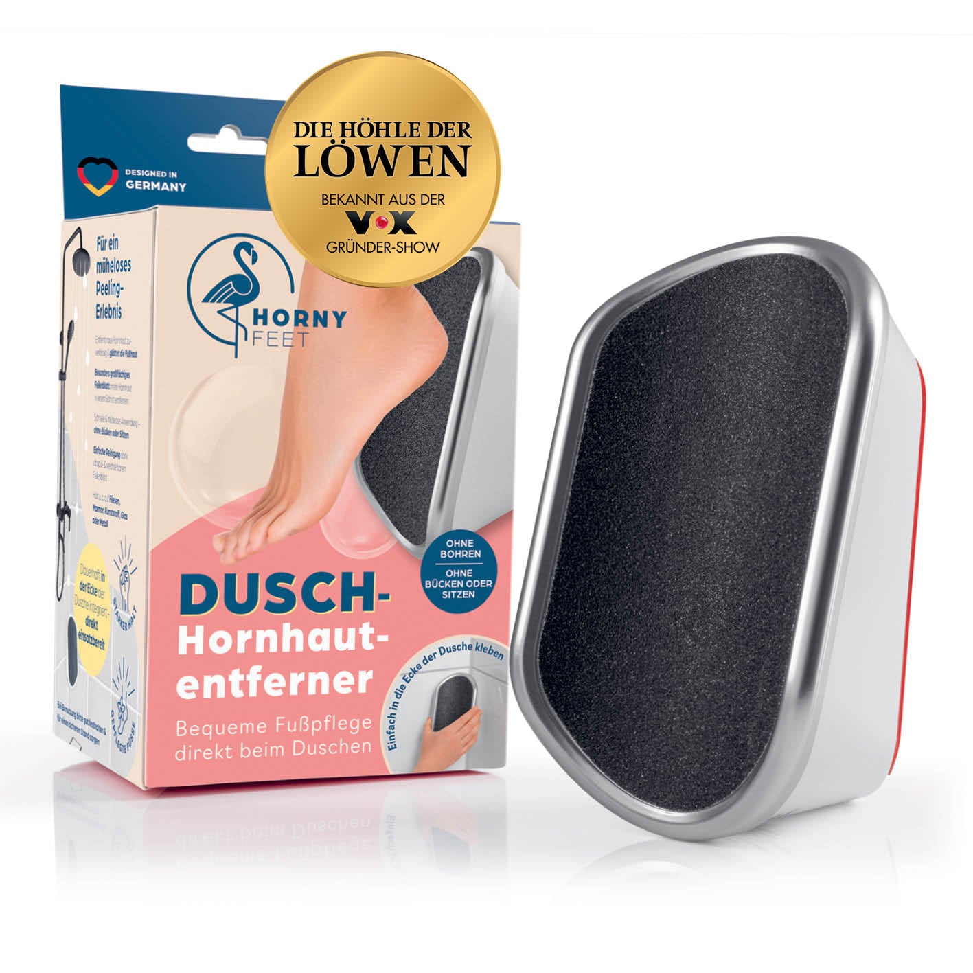 Hornhautentferner für die Dusche - Weiß, große Fußfeile mit einfachem Halt für mühelose und hygienische Hornhautpflege unter der Dusche.
