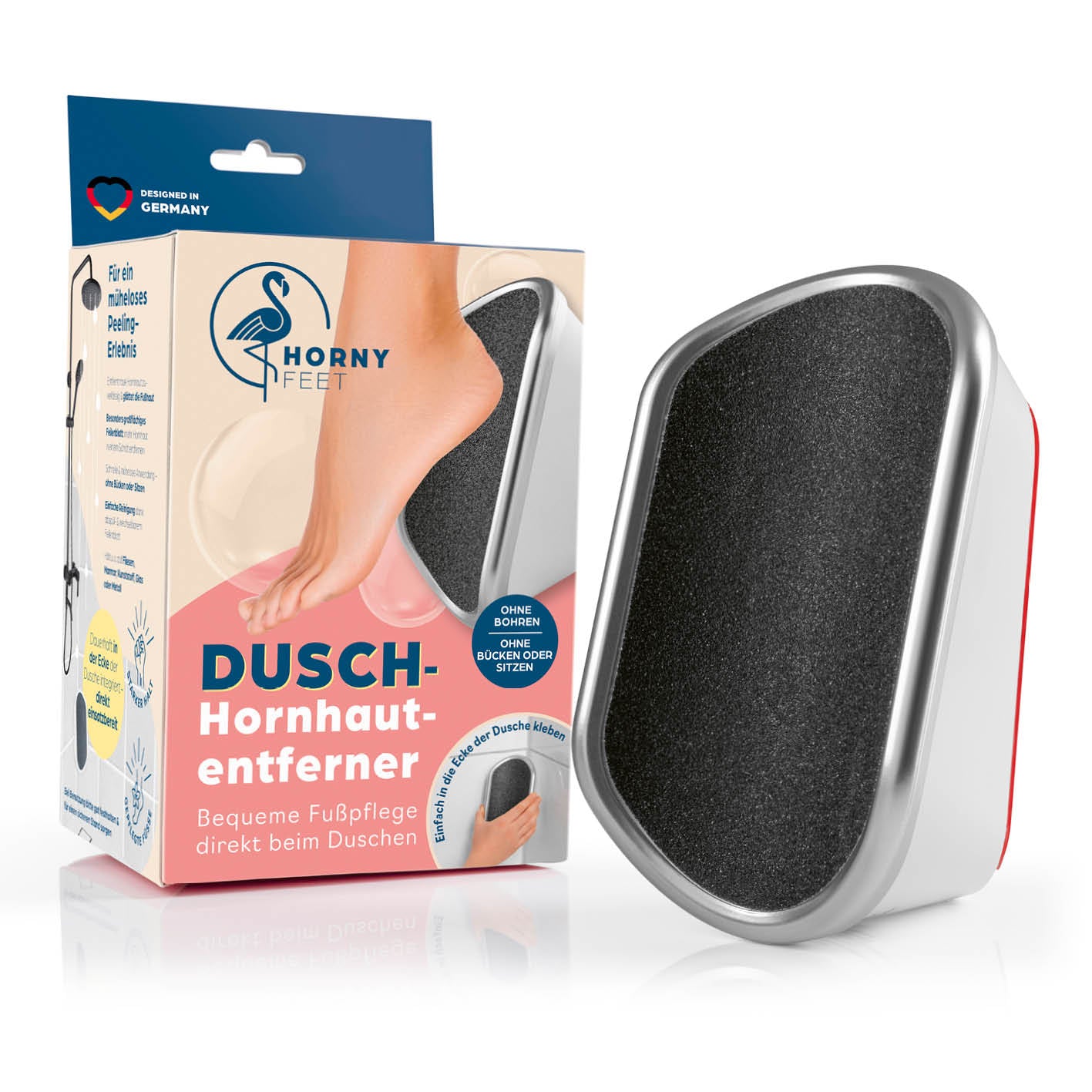 Hornhautentferner für die Dusche - Weiß, großflächige Fußfeile mit Klebepad zur mühelosen Hornhautentfernung direkt unter der Dusche.