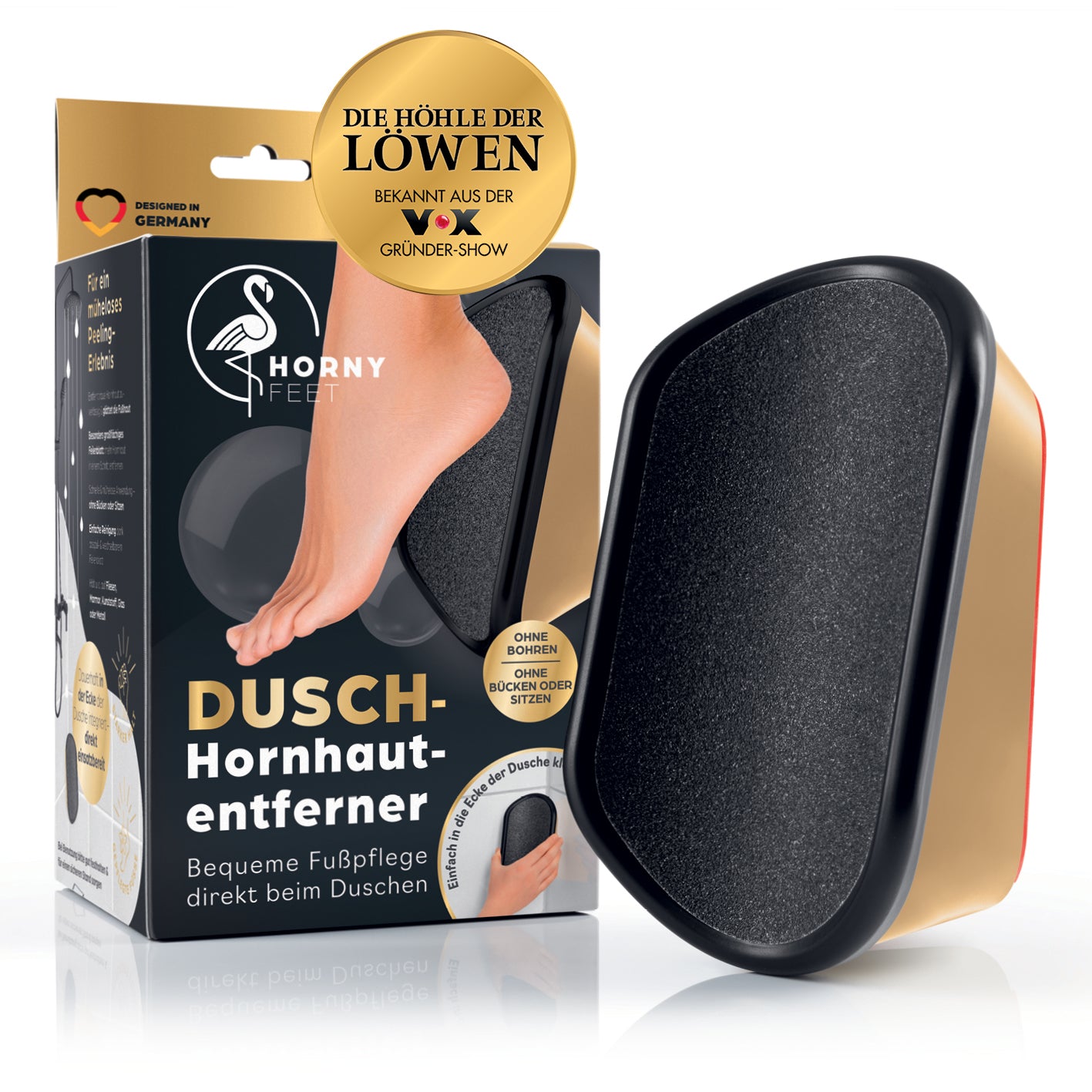 Hornhautentferner für die Dusche - Gold-Edition mit großflächiger Feile für einfache, hygienische Fußpflege direkt unter der Dusche.