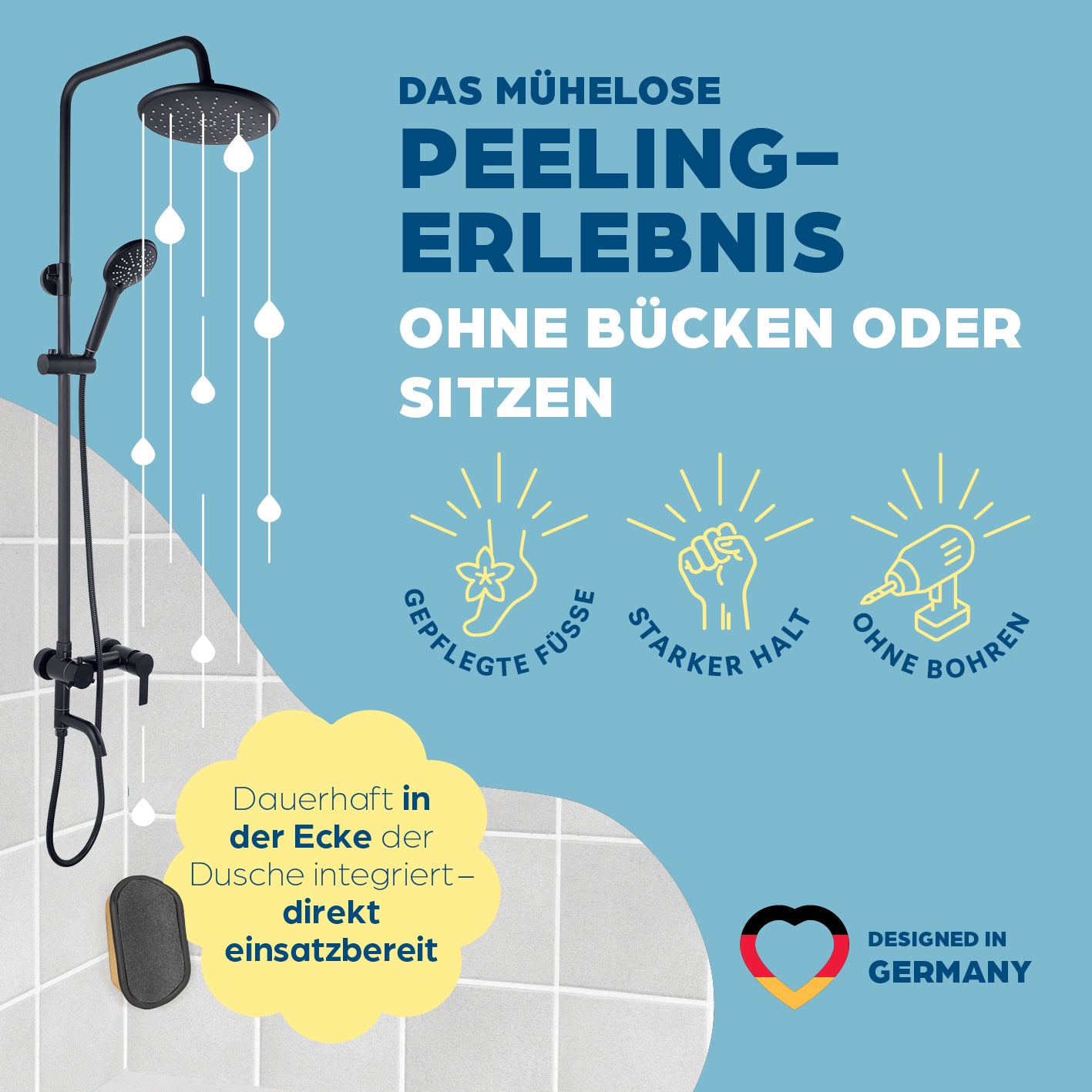 Hornhautentferner für die Dusche - Gold-Edition mit einfacher Montage in der Duschecke für müheloses Hornhaut-Peeling ohne Bücken oder Bohren.