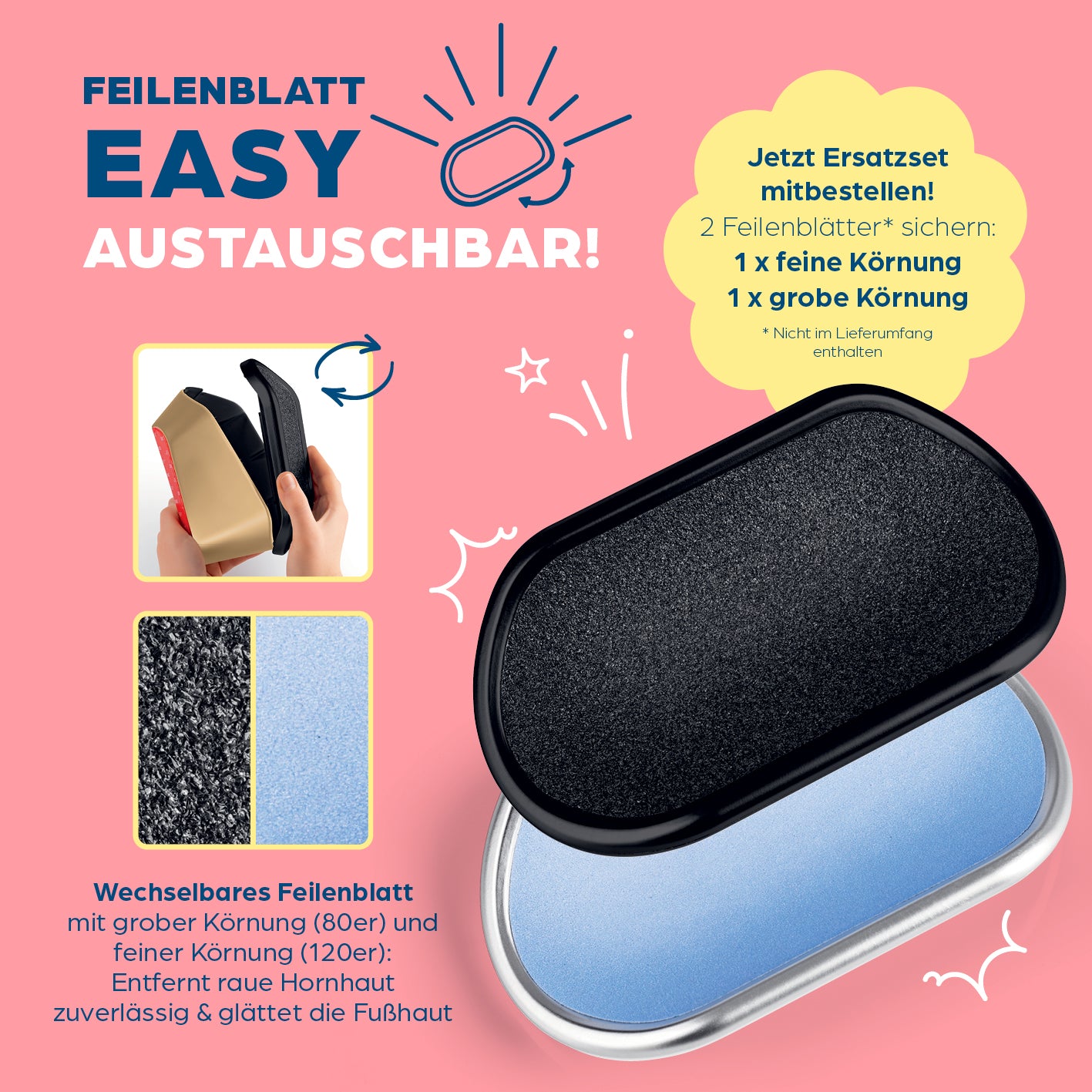 Hornhautentferner für die Dusche - Gold-Edition mit einfach wechselbarem Feilenblatt für grobe und feine Körnung.