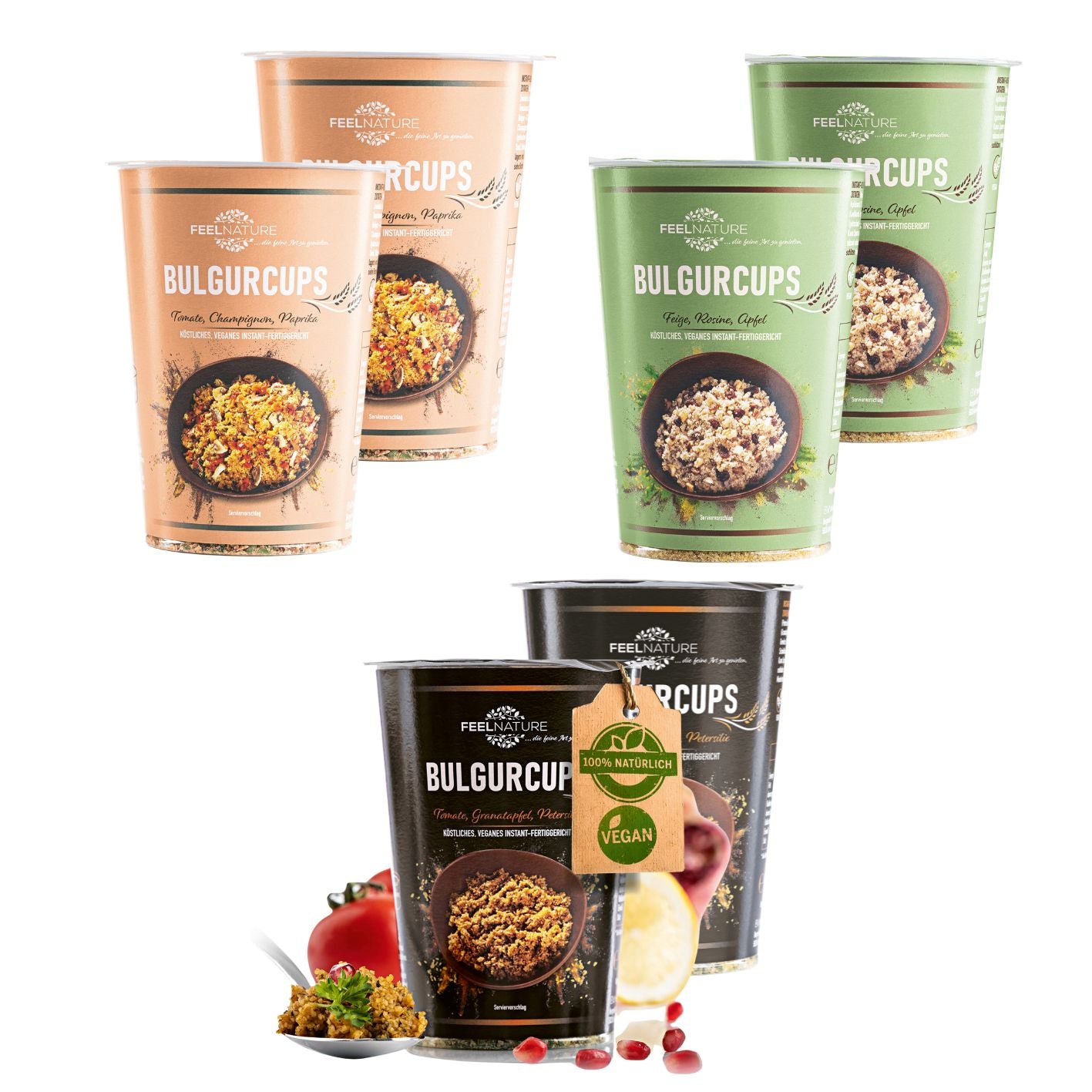 Bulgurcups - 6er Try-Me-Set mit Kisir, Gemüse & subtropischem Bulgur, vegan, schnell zubereitet, natürliche Zutaten, ohne Palmöl.