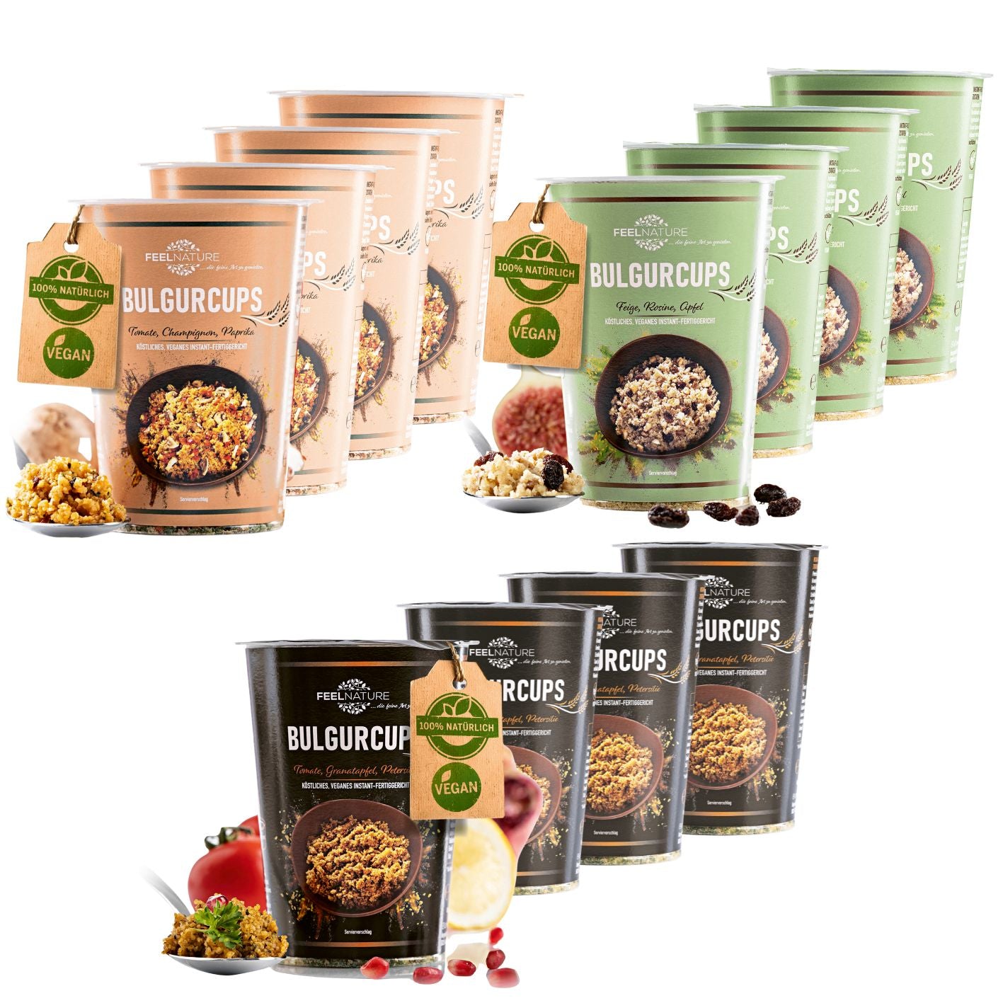 Bulgurcups - 12er Try-Me-Set mit Kisir, Vegetables & Subtropical, vegan, schnell zubereitet, mit natürlicher Würzsauce.