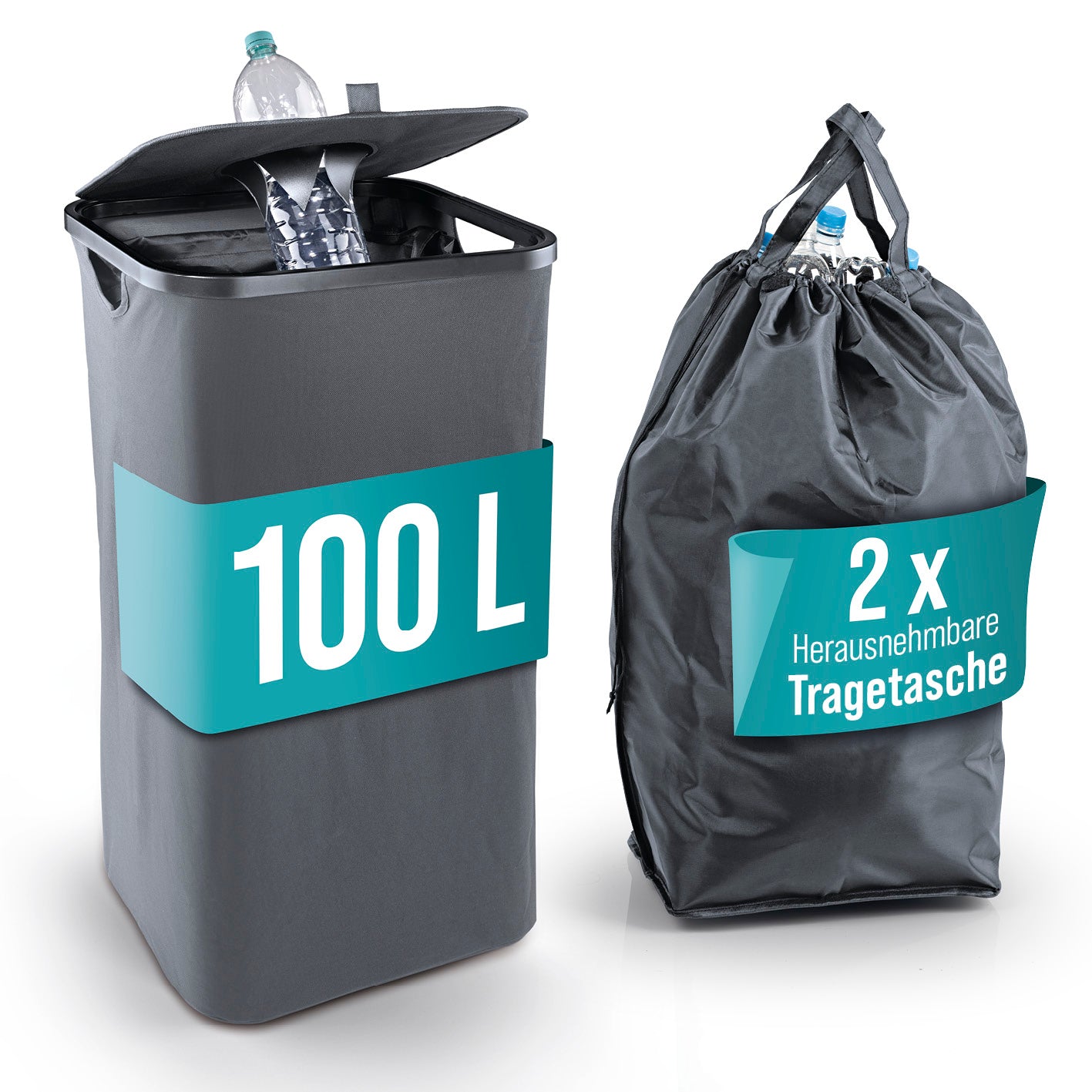 Pfandflaschen-Sammelbehälter - Anthrazit mit 100 Liter Fassungsvermögen und 2 herausnehmbaren Tragetaschen zum einfachen Transport.