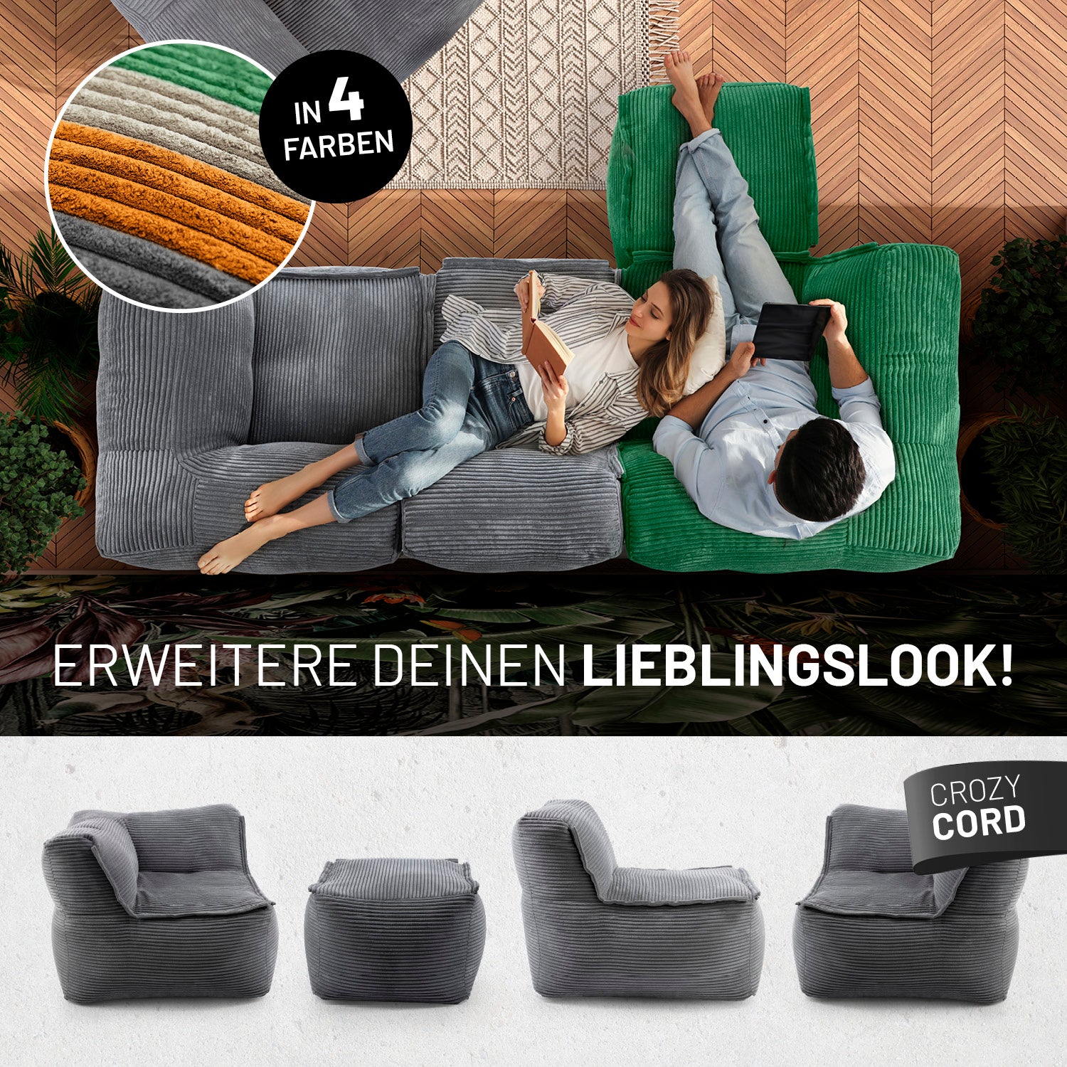 Modularer Sessel aus der LUMALAND Cord-Reihe - 400 L - 96 x 72 x 70 cm - Grau, gemütlich und vielseitig kombinierbar.