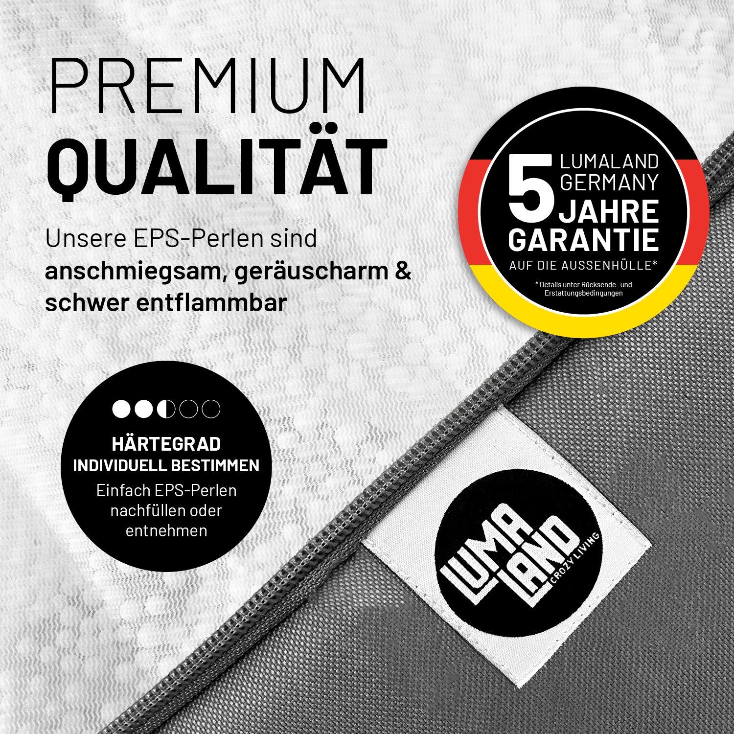 Modulares Eckteil links aus der LUMALAND Cord-Reihe - 340 L - 81 x 81 x 70 cm - Senfgelb mit EPS-Perlen, 5 Jahre Garantie und hoher Qualität.