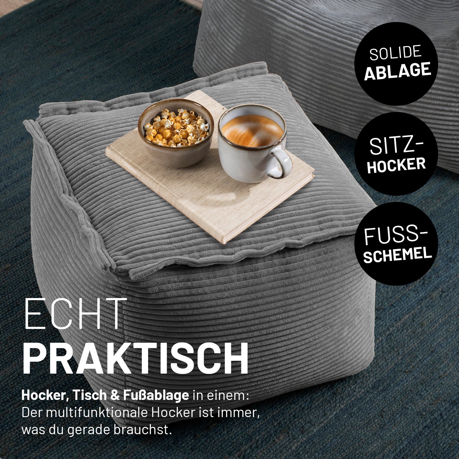 Modularer Hocker aus der LUMALAND Cord-Reihe 140 L Grau mit praktischer Ablage und Fußschemelfunktion für vielseitige Nutzung im Innenbereich