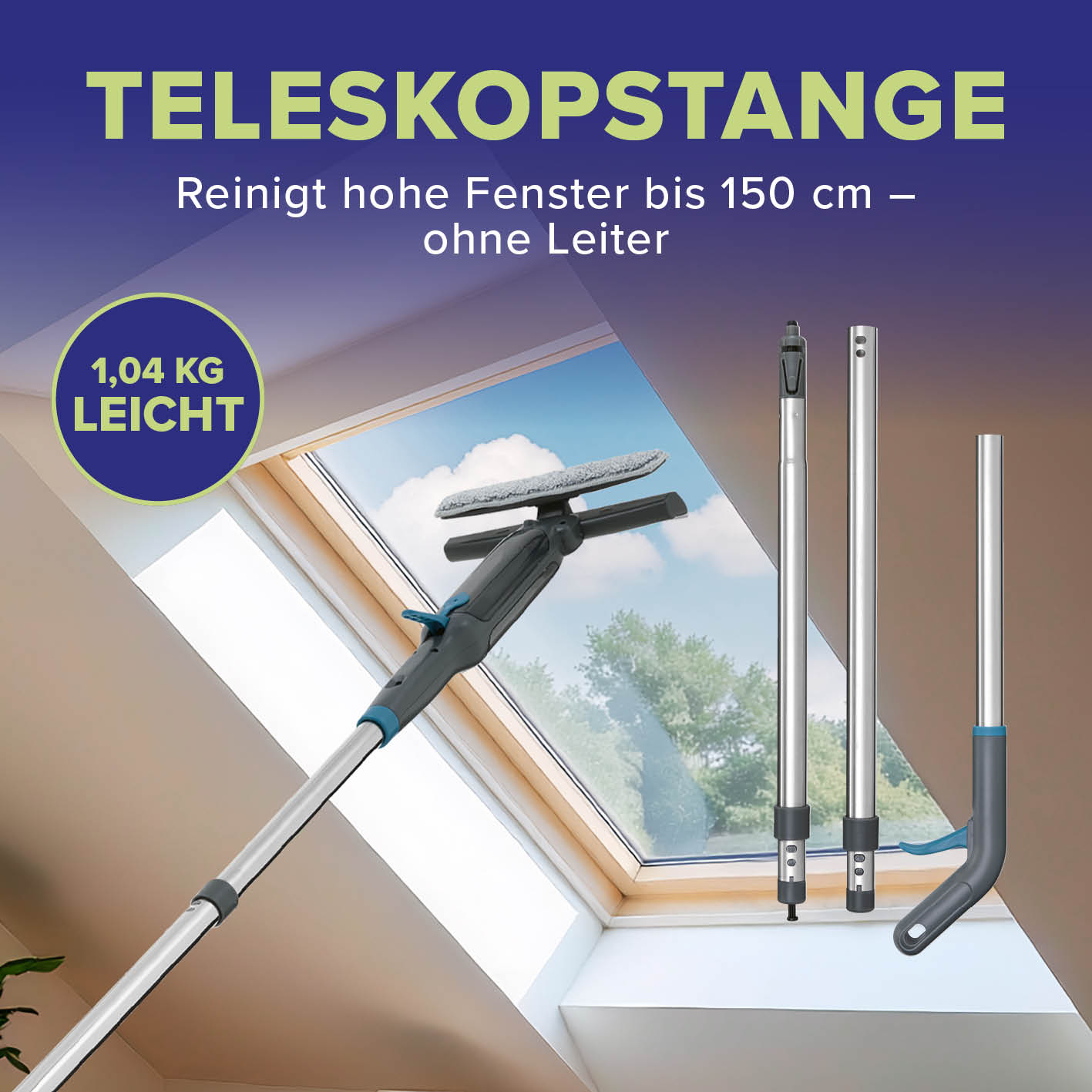 Fensterreiniger 3-in-1 mit Teleskopstange reinigt Fenster bis 150 cm Höhe ohne Leiter, leicht und flexibel einsetzbar.